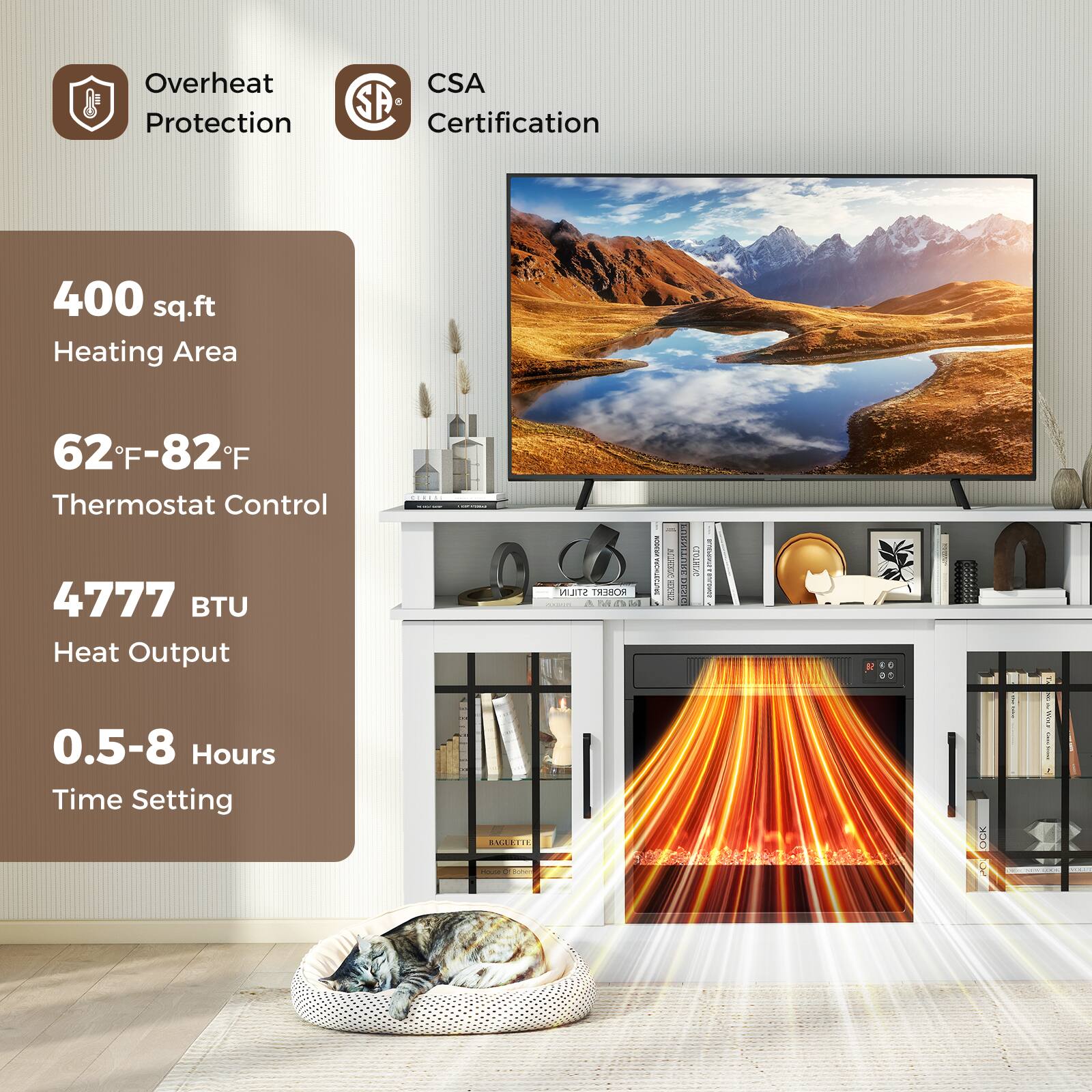 Overheat Protection  
CSA Certification  

400 sq.ft Heating Area  
62°F-82°F Thermostat Control  
4777 BTU Heat Output  
0.5-8 Hours Time Setting