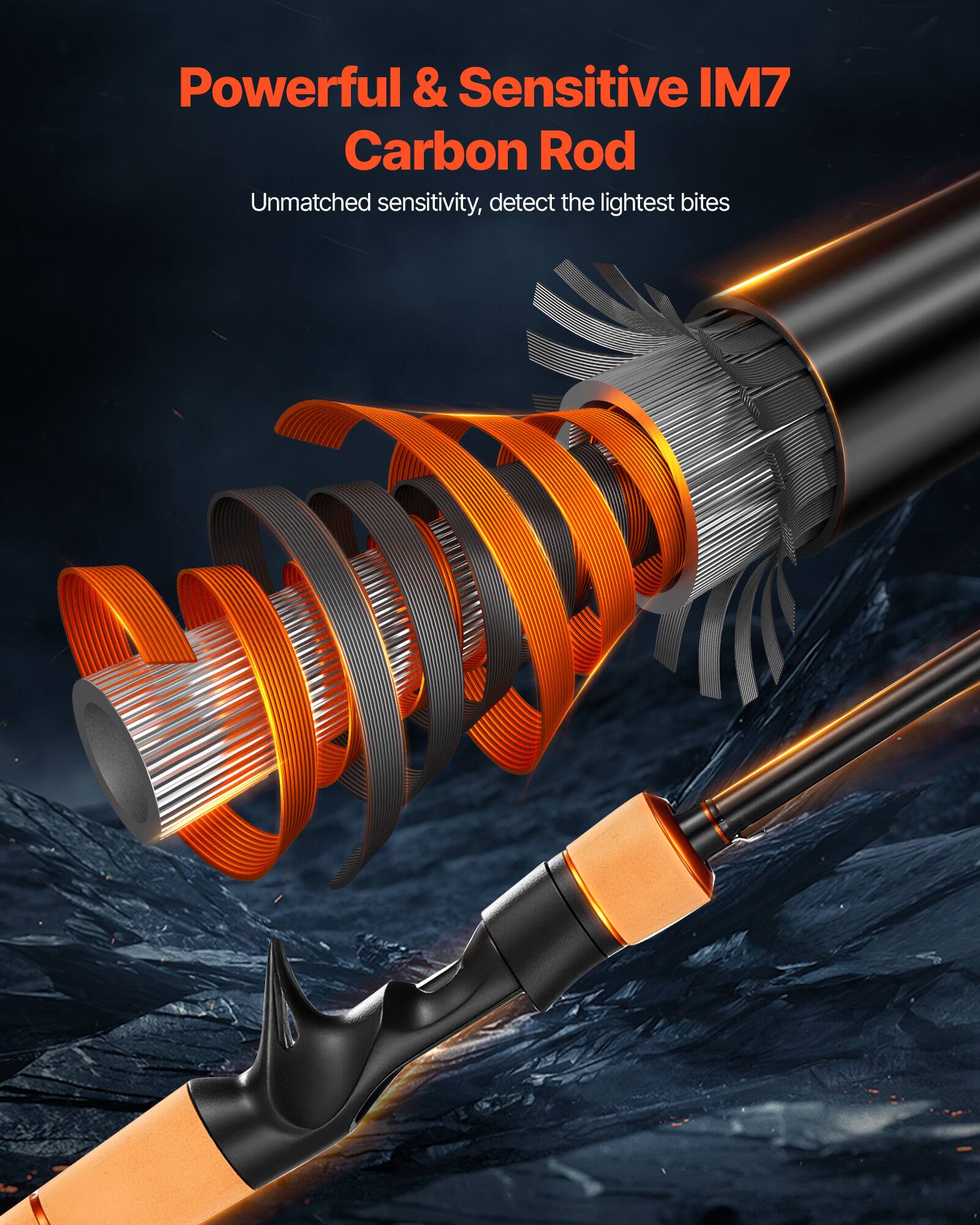 Powerful & Sensitive IM7 Carbon Rod  
Unmatched sensitivity, detect the lightest bites