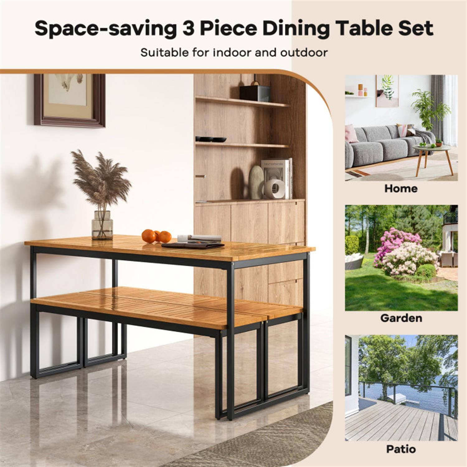 Space-saving 3 Piece Dining Table Set  
Suitable for indoor and outdoor  

Home  
Garden  
Patio