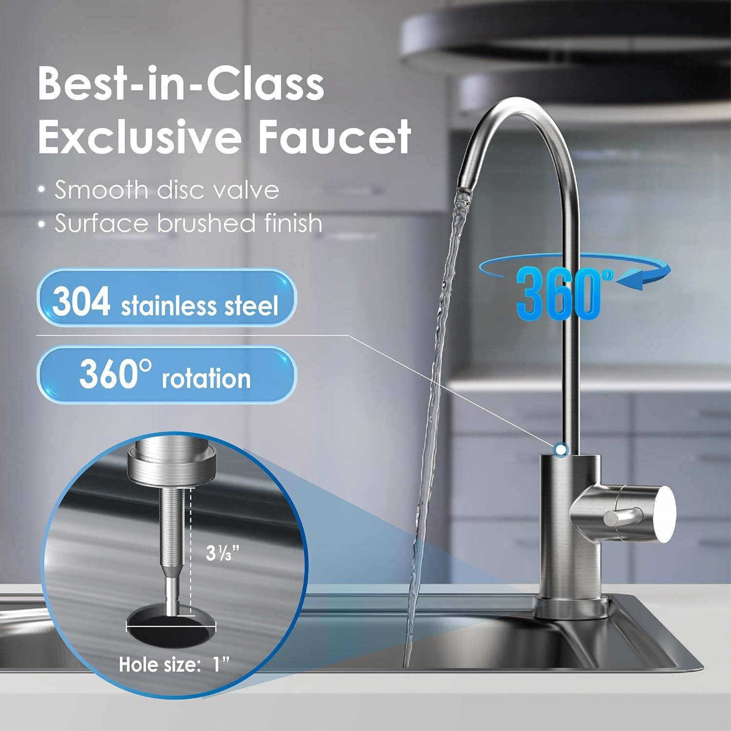 Best-in-Class Exclusive Faucet, Smooth disc valve, Surface brushed finish, 304 stainless steel, 360° rotation, 3/8", Hole size: 1"