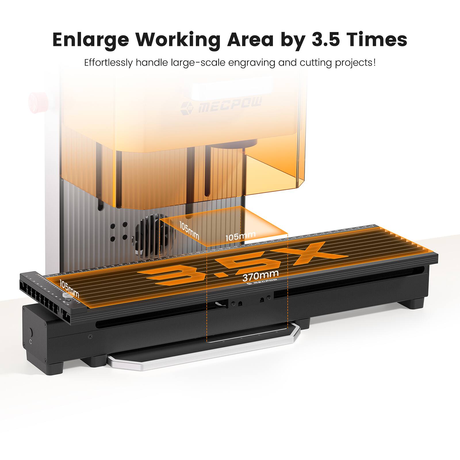 Enlarge Working Area by 3.5 Times  
Effortlessly handle large-scale engraving and cutting projects!  

MW 105mm  
SA 370mm  
MECPOW