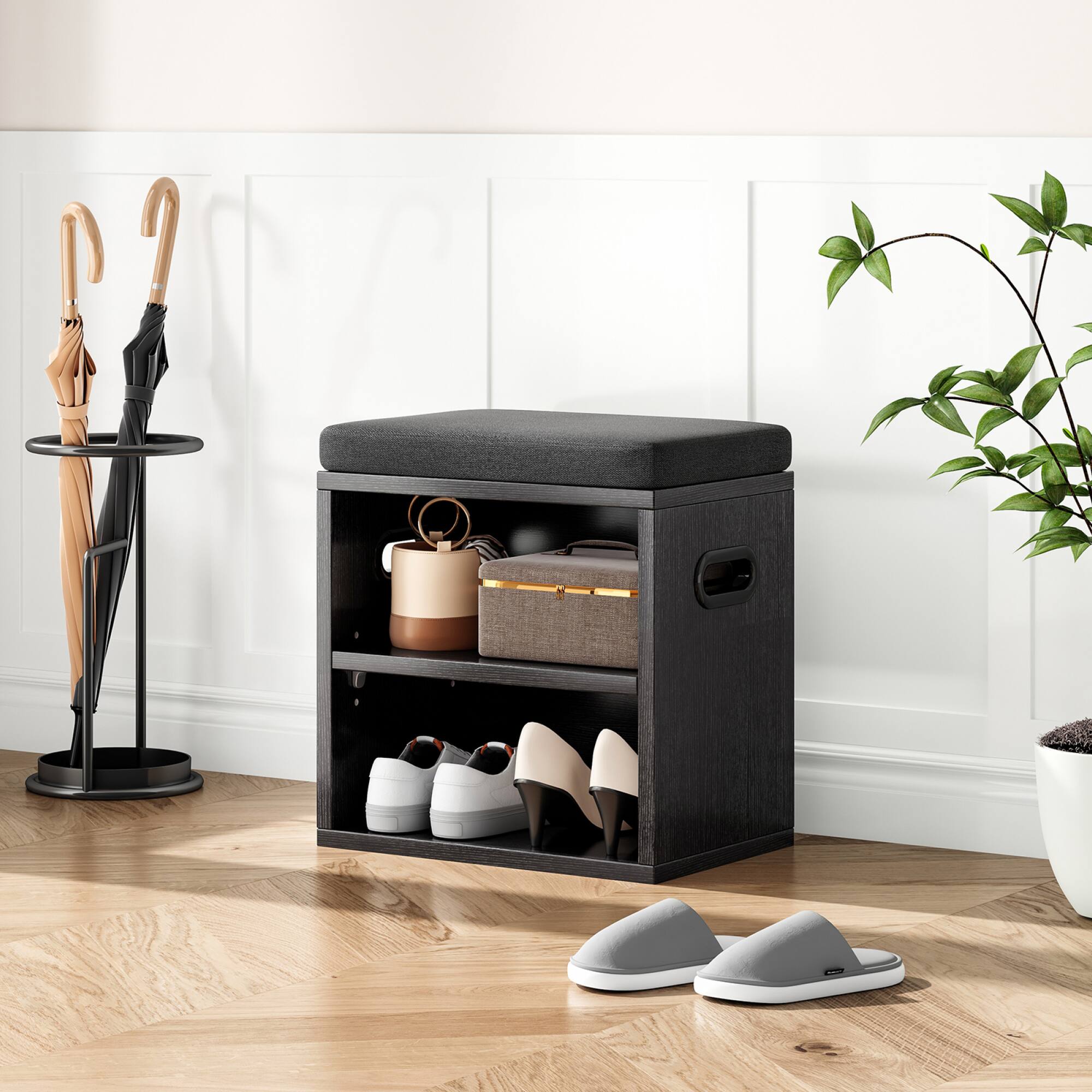 Angle. GOODSILO - Compact Entryway Shoe Storage Bench with Removable Cushion for Seating and Organization - Black.