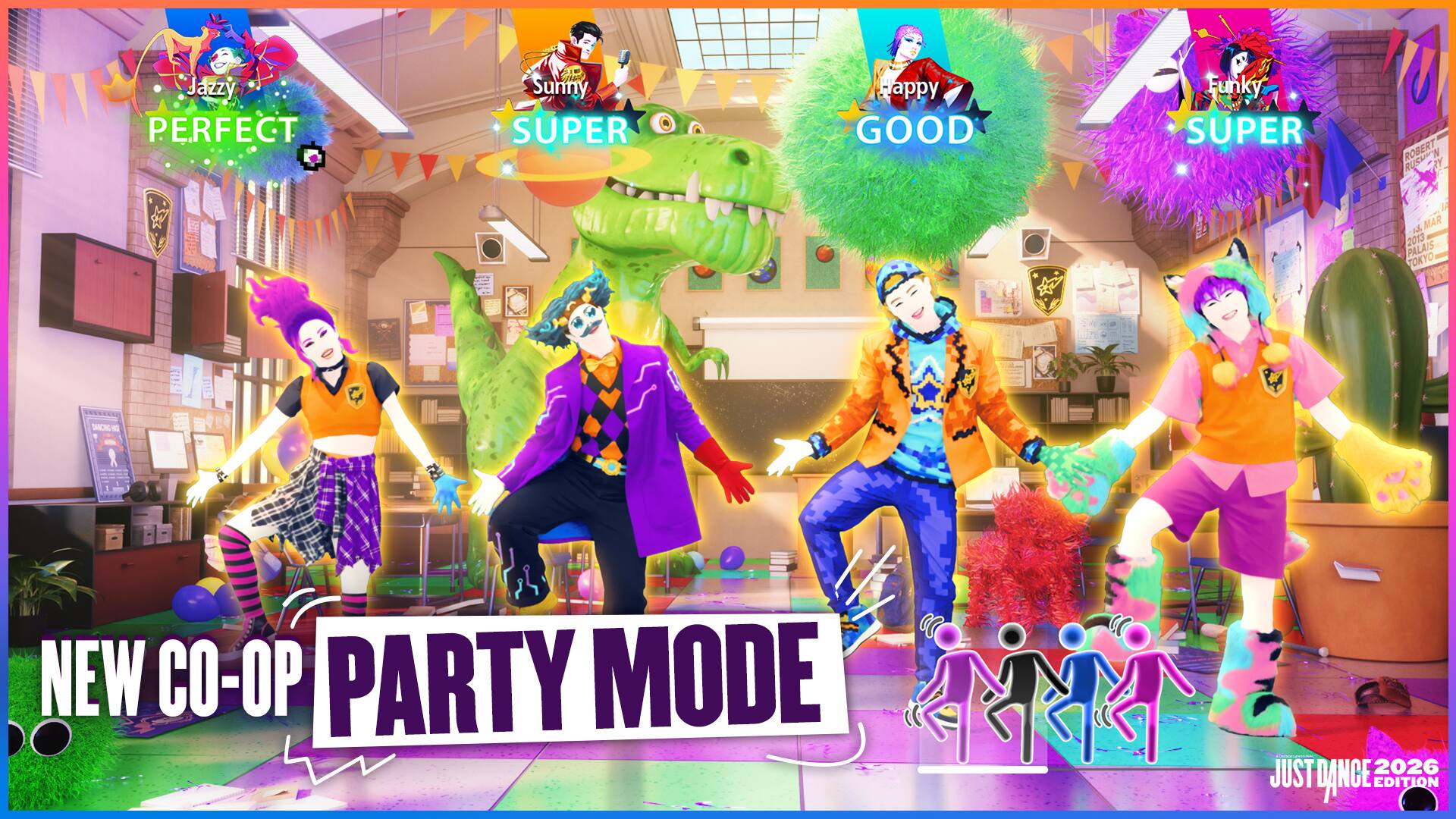 Jazzy PERFECT, Sunny SUPER, Funky SUPER, Happy GOOD, New Co-op Party Mode, Just Dance 2026 Edition