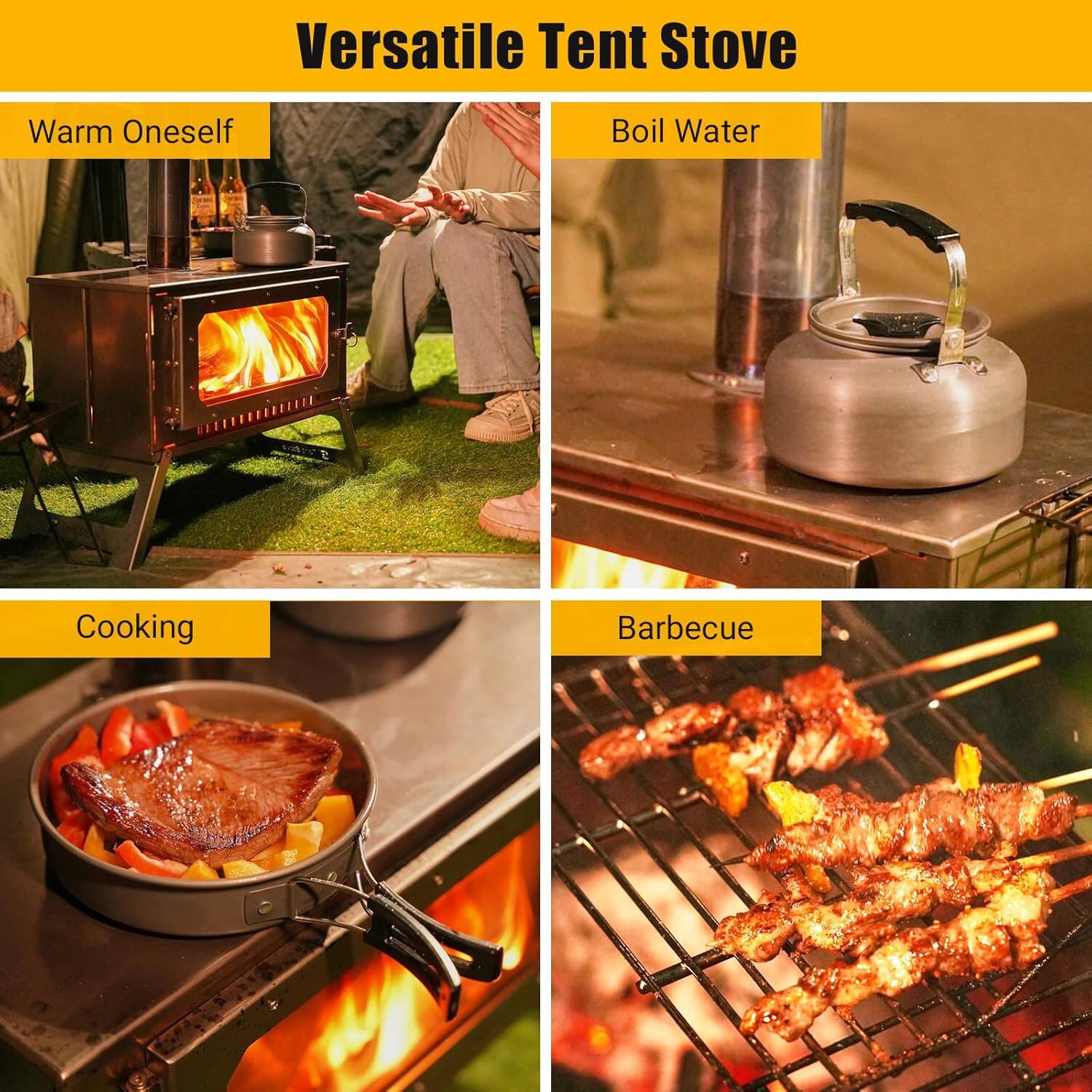 Versatile Tent Stove

- Warm Oneself
- Boil Water
- Cooking
- Barbecue