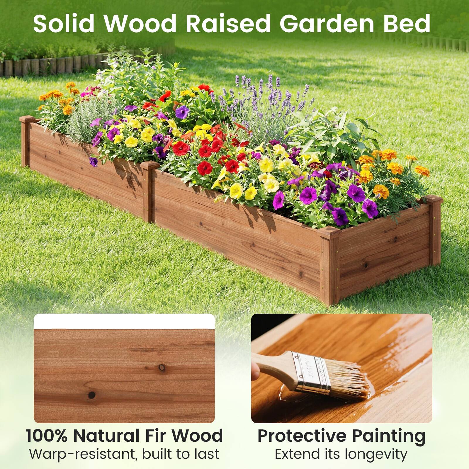 Solid Wood Raised Garden Bed

100% Natural Fir Wood
Warp-resistant, built to last

Protective Painting
Extend its longevity