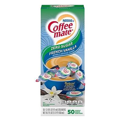 AU FAMaN Nestle Coffee mate ZERO SUGAR FRENCH VANILLA NATURAL & ARTIFICIAL FLAVORS Coffee Creamer Reduced Caloric Content 10 B COFFEE CREAMERS 50 INDIVIDUAL NET WT 10 FL OZ (11 ml) CREAMERS SINGLE SERVE PORTIONS