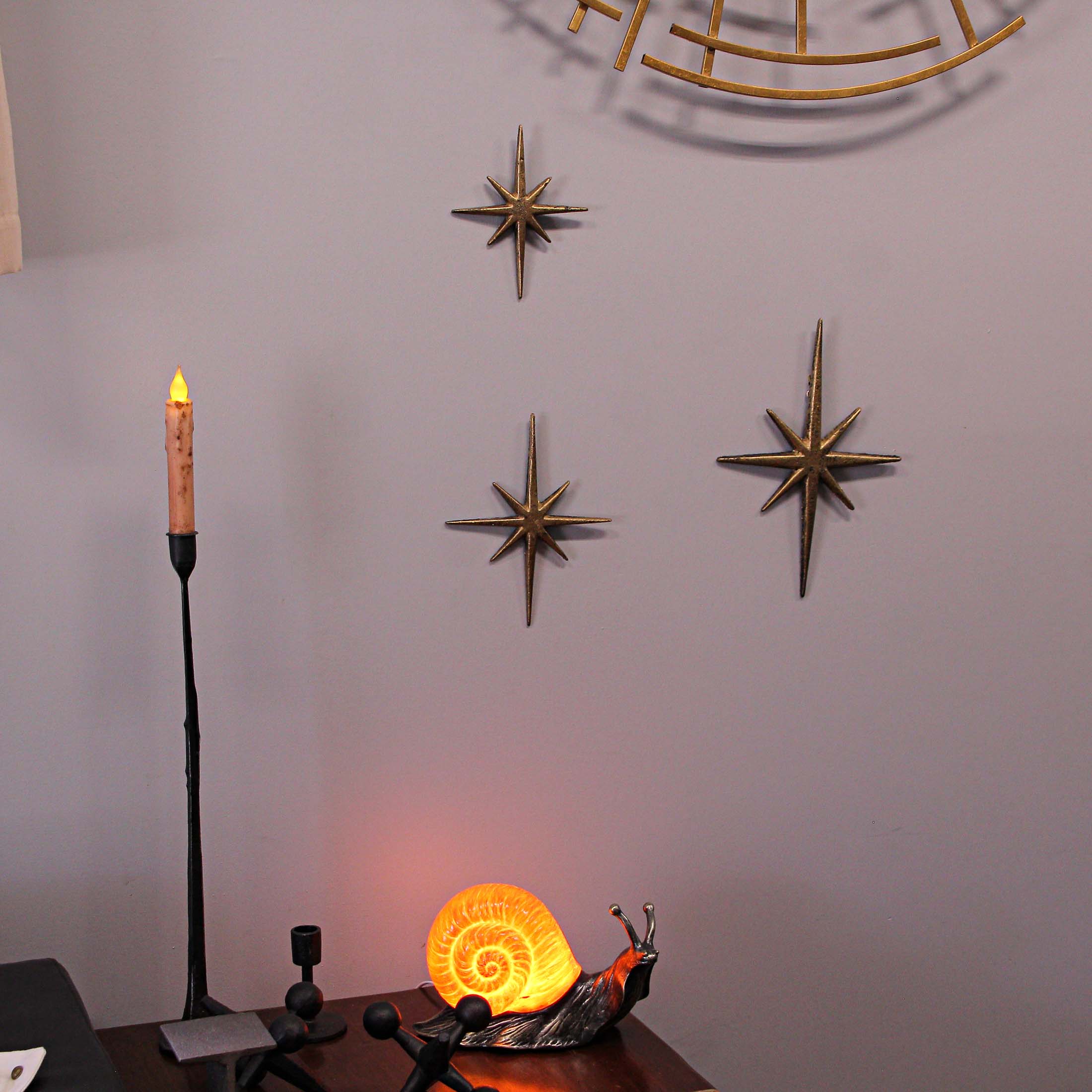 Alt View 3. Zeckos - Set of 3 Metallic Gold Cast Iron Starburst Wall Hangings 8 Pointed Stars - Gold.