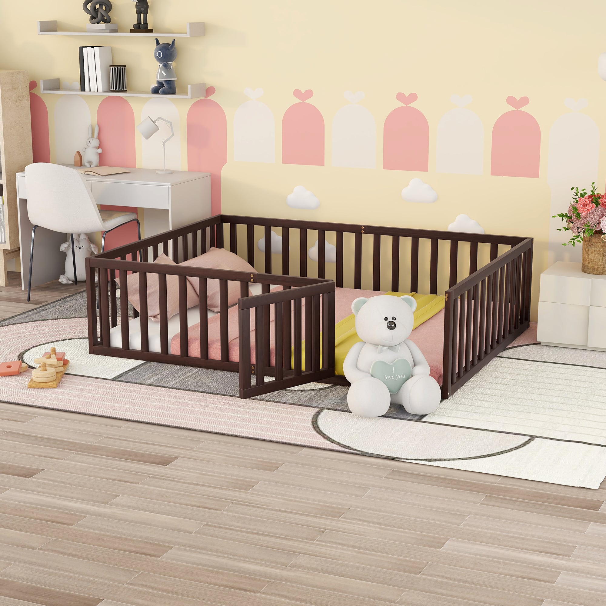 Whisen - Wood Daybed Frame, Montessori Floor Bed with Fence and Door - Walnut