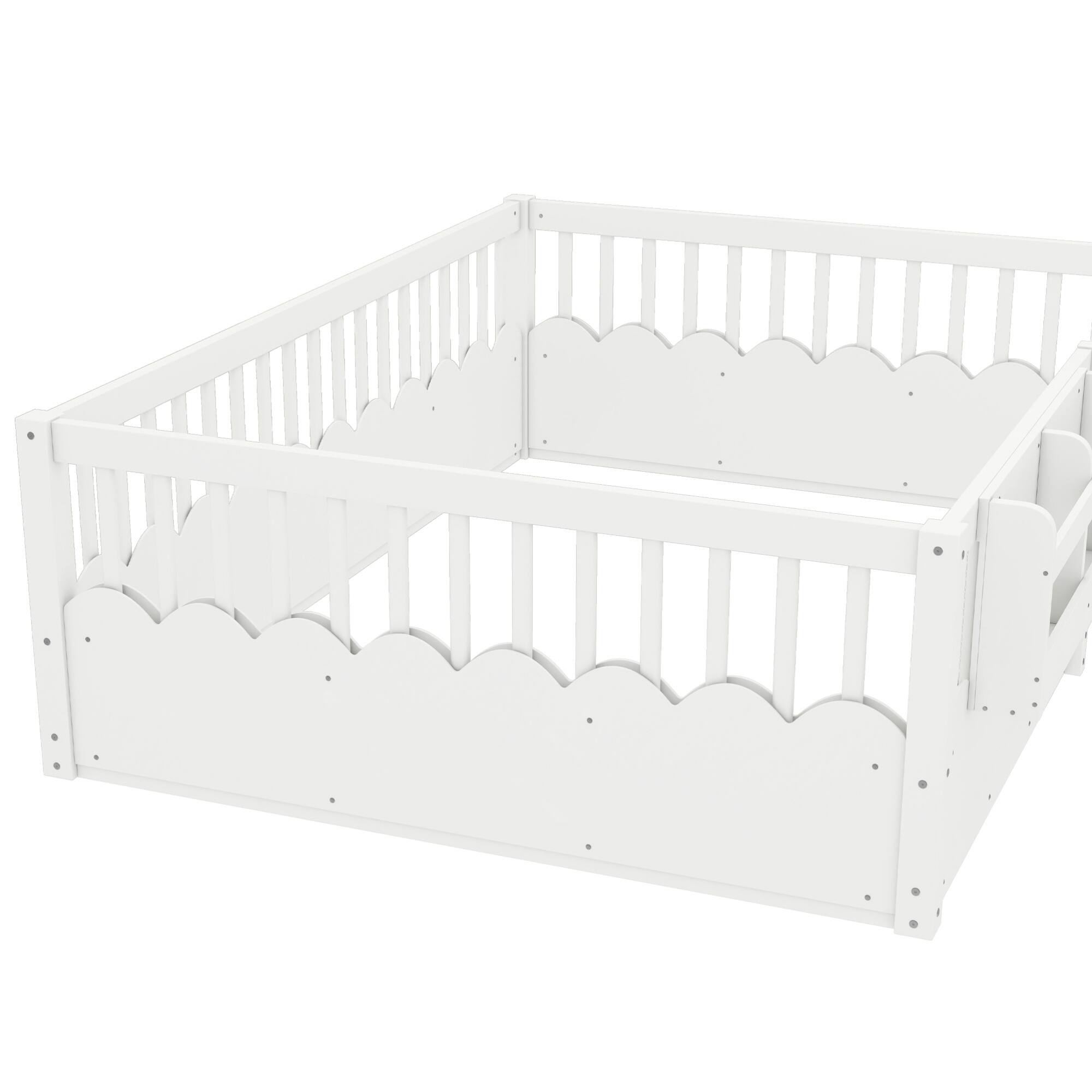 Alt View 5. GOODSILO - Full Size Low Profile Safety Floor Bed with Built-In Bookshelf for Children's Room - White.