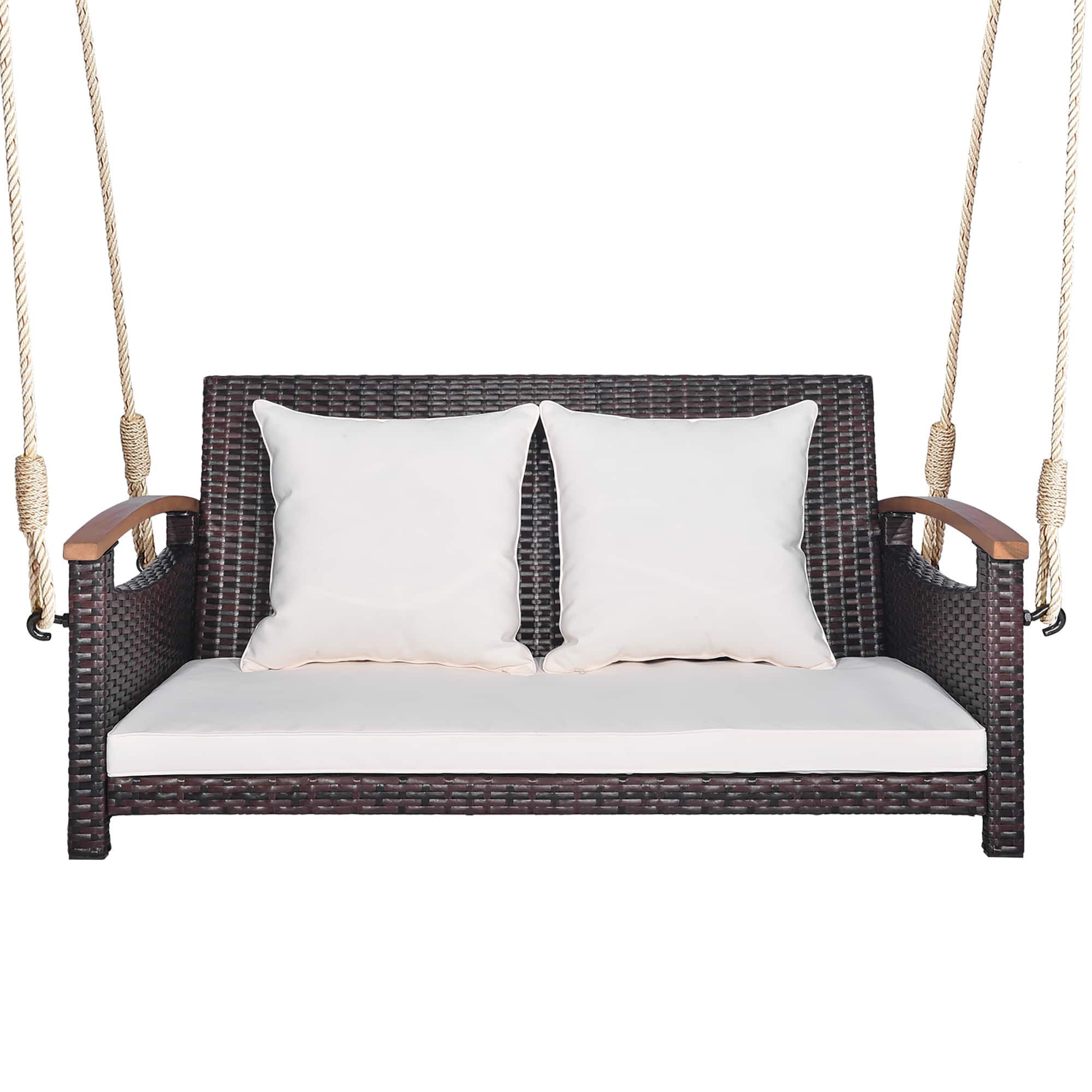 Front. Gymax - Gymax 2-seater hanging swing porch swing PE wicker swing outdoor hanging swing garden poolside - Mix Brown, White.