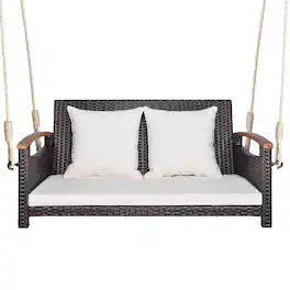 Gymax - 2-seater hanging swing porch swing PE wicker swing outdoor hanging swing garden poolside - Mix Brown, White