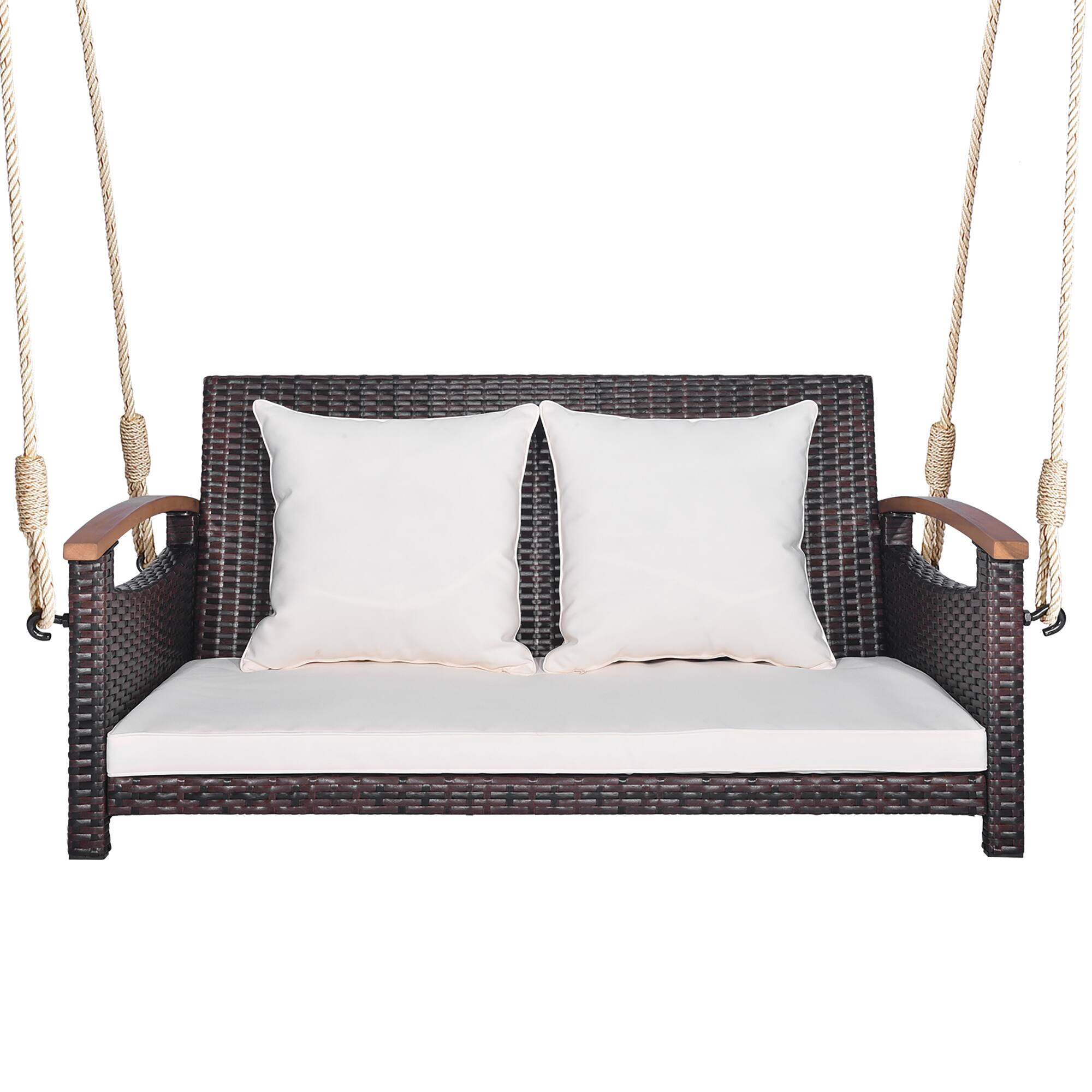 Front. Gymax - Gymax 2-seater hanging swing porch swing PE wicker swing outdoor hanging swing garden poolside - Mix Brown, White.