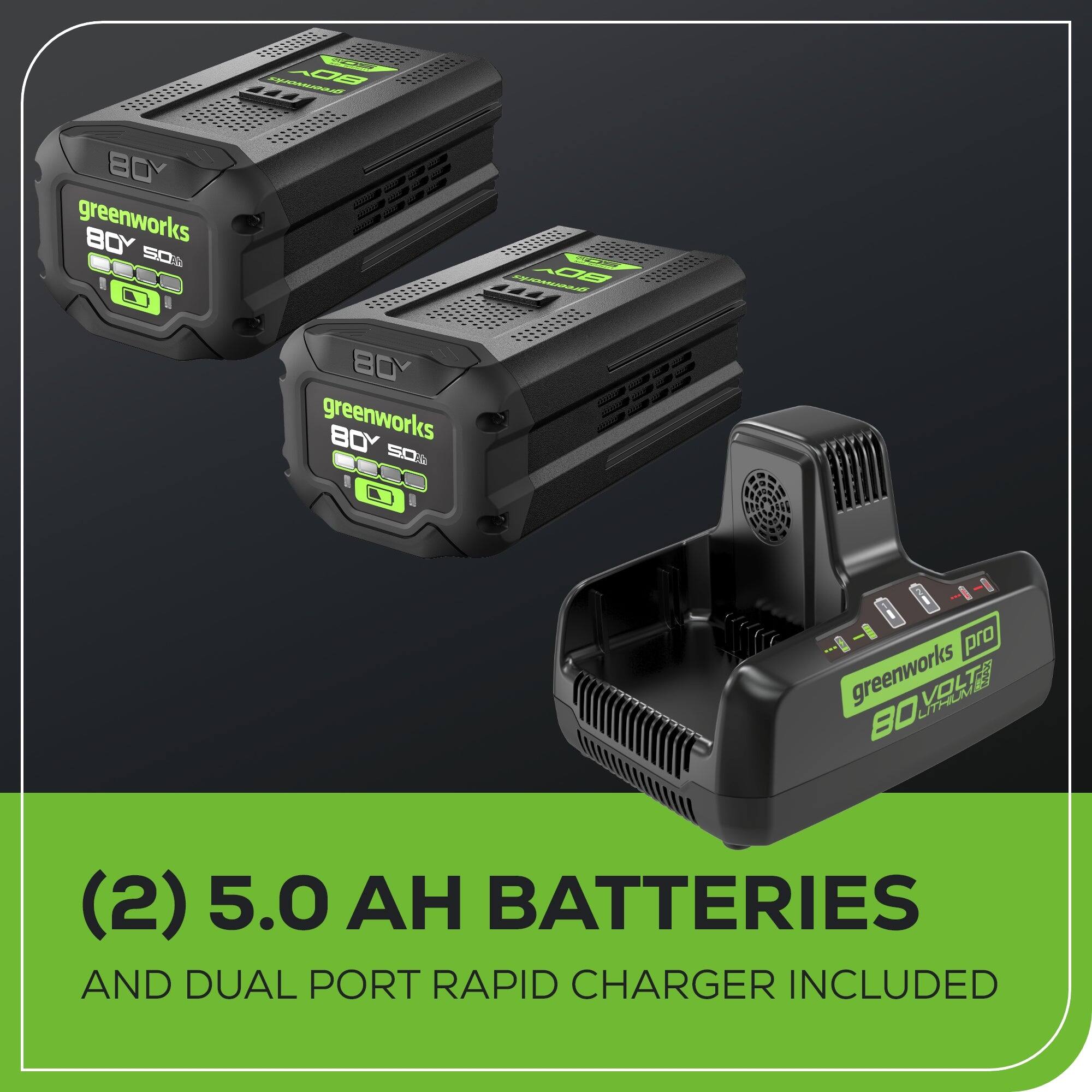 (2) 5.0 AH BATTERIES AND DUAL PORT RAPID CHARGER INCLUDED