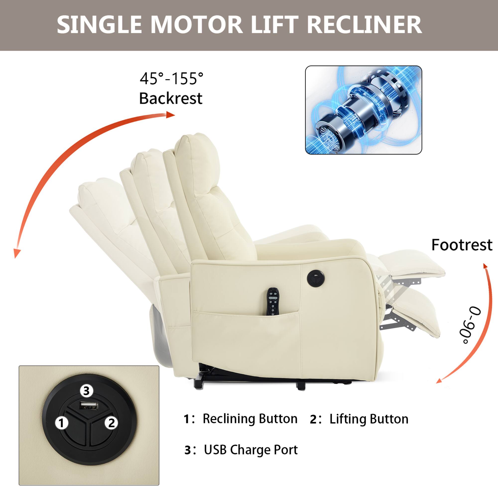 SINGLE MOTOR LIFT RECLINER

45°-155° Backrest

Footrest 0°-90°

1: Reclining Button
2: Lifting Button
3: USB Charge Port