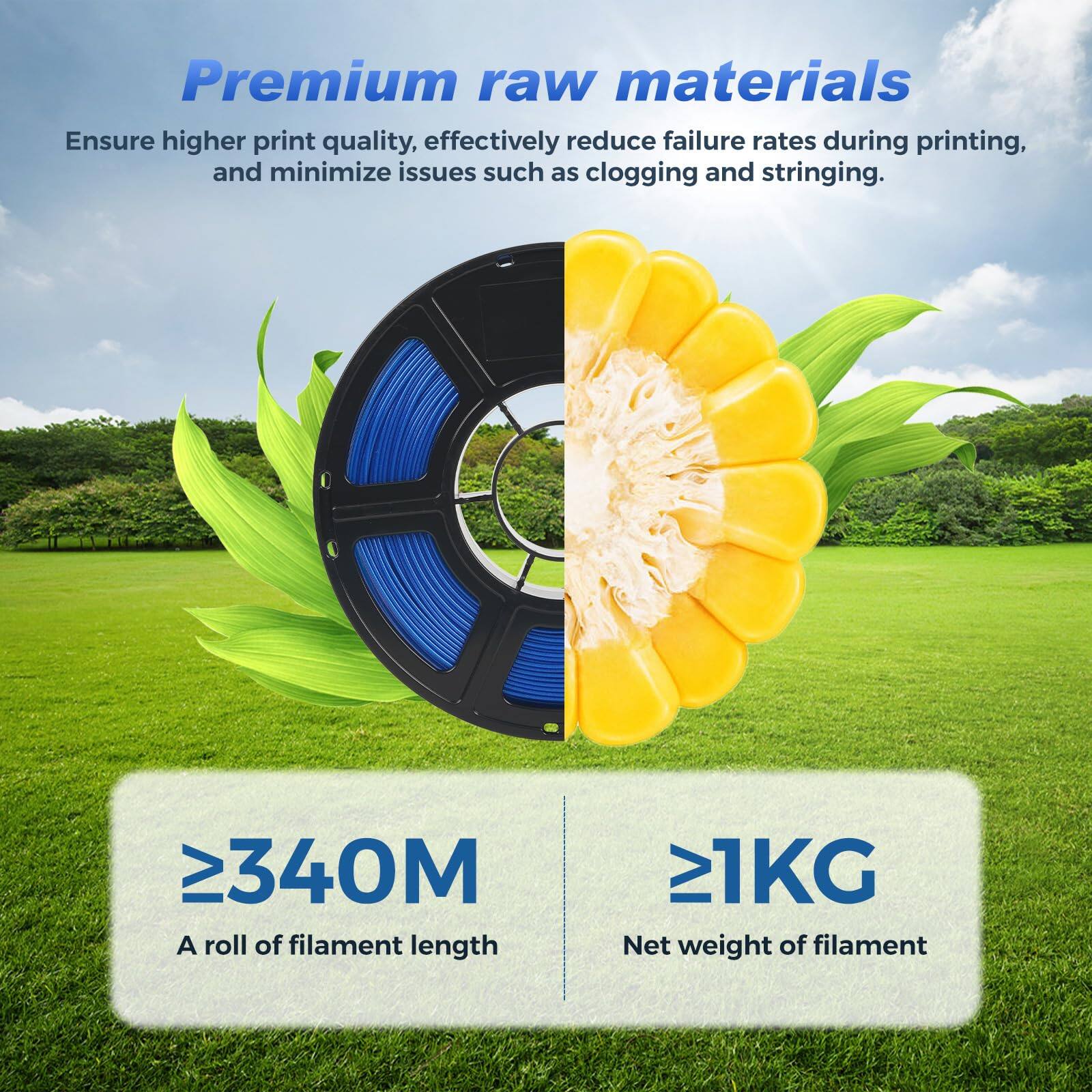Premium raw materials  
Ensure higher print quality, effectively reduce failure rates during printing, and minimize issues such as clogging and stringing.  

≥340M  
A roll of filament length  

≥1KG  
Net weight of filament