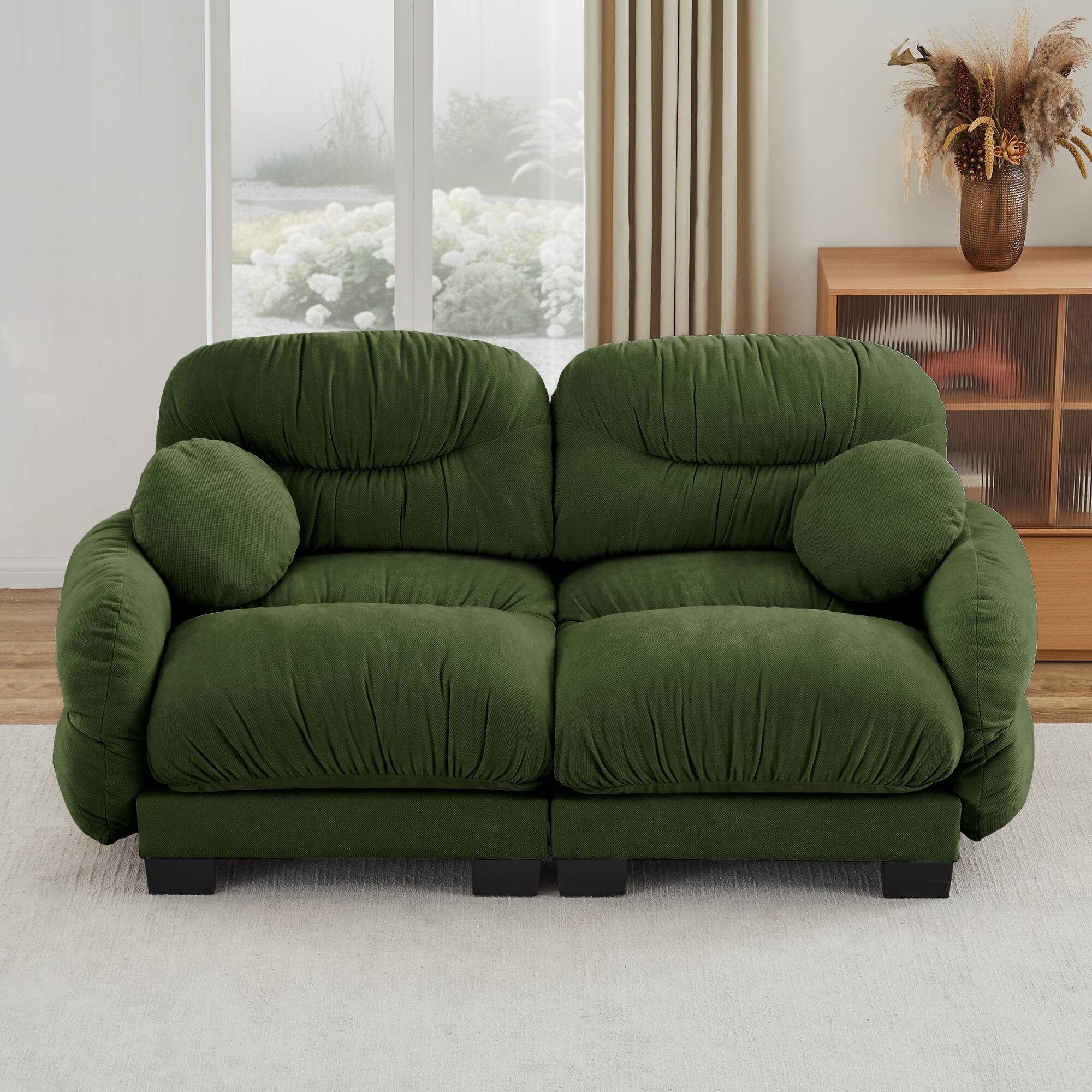 Left. Anysun - 2-Seater Modular Sofa with Chenille Fabric, High-Density Foam & Curved Armrests, Pleated Design for Living Room - Green.