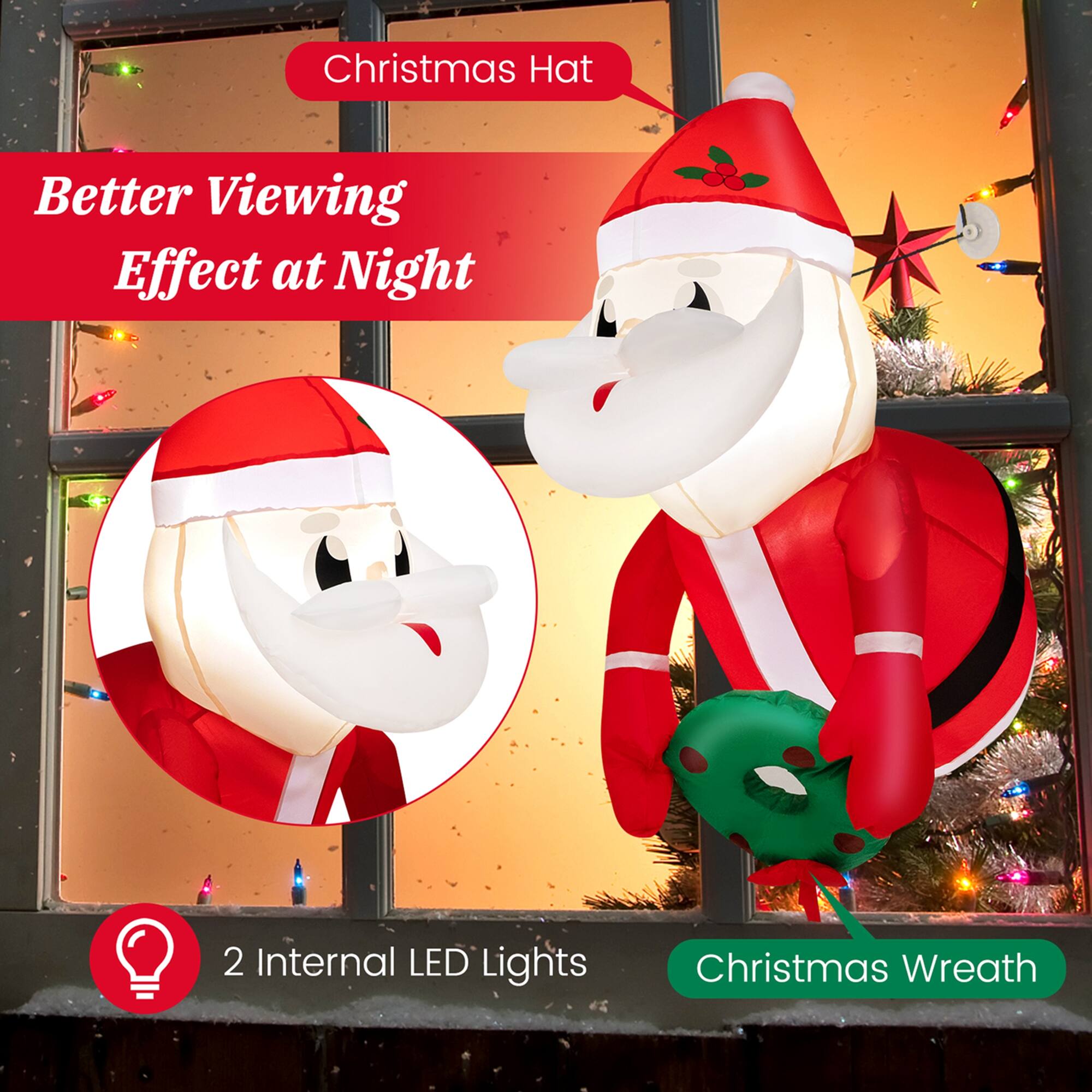 The text on the image is grouped and corrected as follows:

"Better Viewing Effect at Night Christmas Hat 2 Internal LED Lights Christmas Wreath"