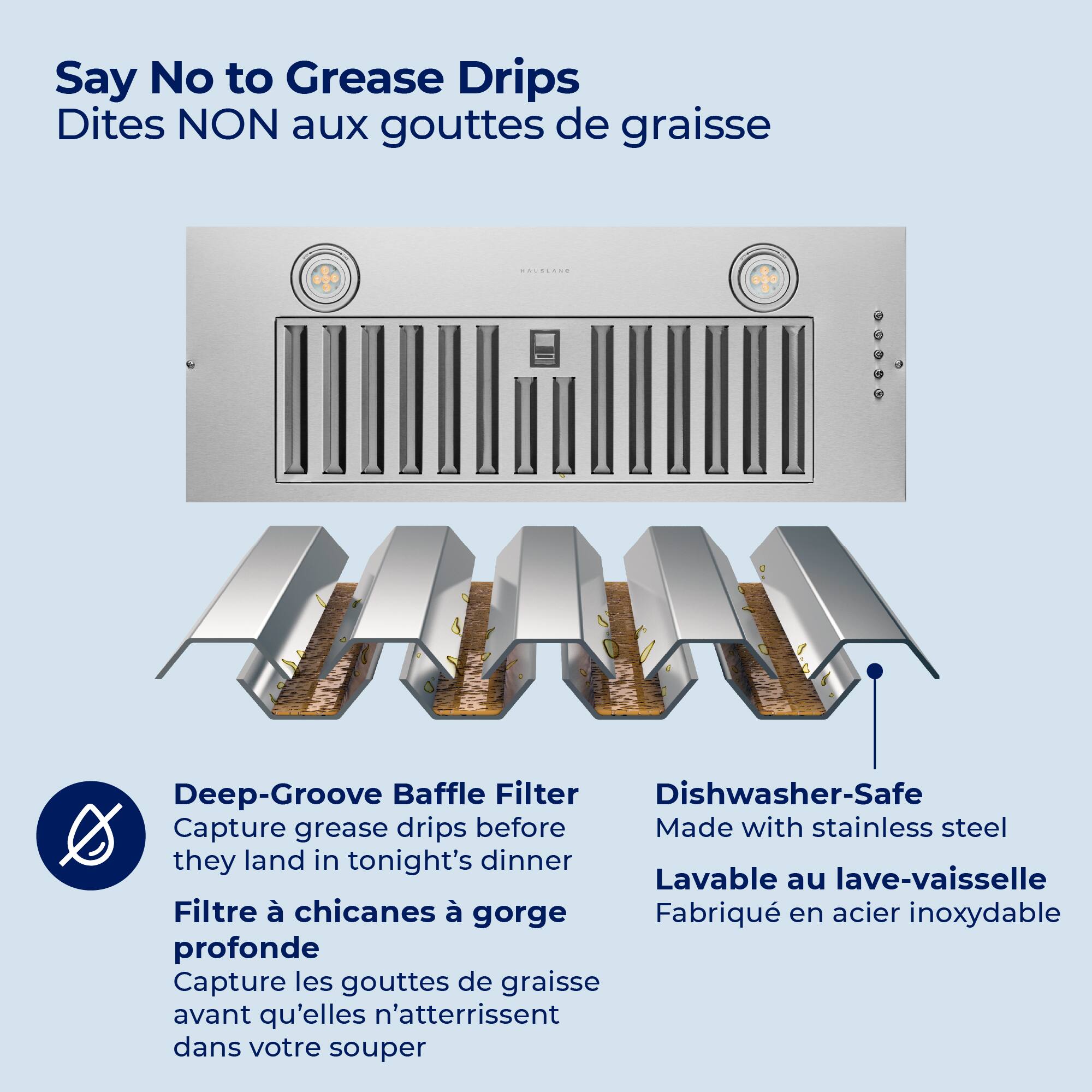 Say No to Grease Drips  
Dites NON aux gouttes de graisse  

Deep-Groove Baffle Filter  
Capture grease drips before they land in tonight's dinner  
Filtre à chicanes à gorge profonde  
Capture les gouttes de graisse avant qu'elles n'atterrissent dans votre souper  

Dishwasher-Safe  
Made with stainless steel  
Lavable au lave-vaisselle  
Fabriqué en acier inoxydable
