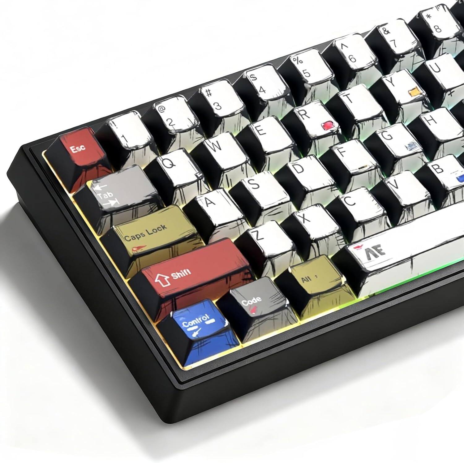 Sure, here is the corrected and grouped text from the image:
- Esc
- Tab
- Caps Lock
- Shift
- Control
- Code
- A
- S
- D
- F
- G
- H
- J
- K
- L
- Z
- X
- C
- V
- B
- N
- M
- W
- E
- R
- T
- Y
- U
- I
- O
- P
- Q
- 1
- 2
- 3
- 4
- 5
- 6
- 7
- 8
- 9
- 0
- ! @ # $ % ^ & * ( ) _ + -
- All
- AF