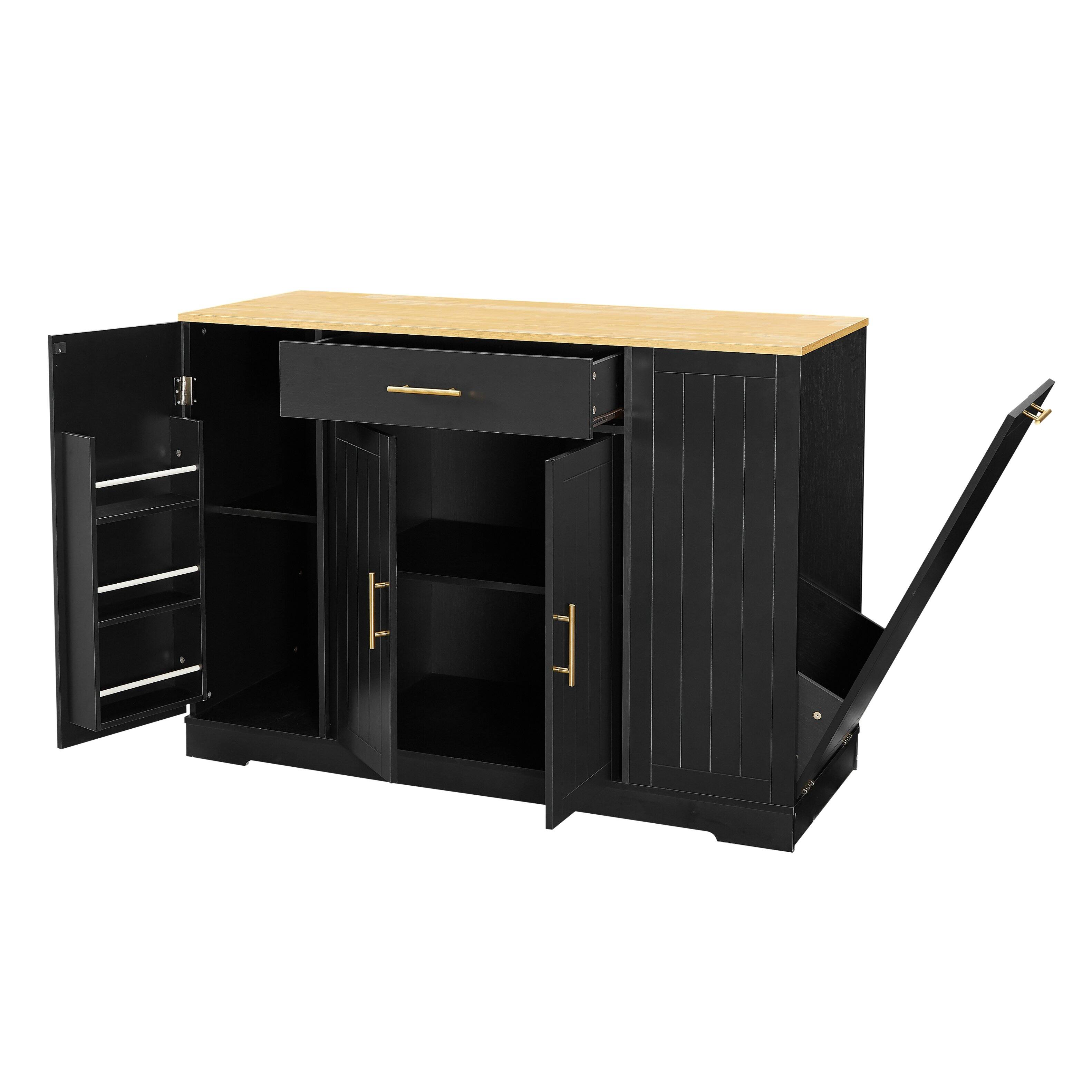 Back. SlickBlue - Large Wood Kitchen Island with Trash Bin Storage, Drawer, and Breakfast Bar for 13-Gallon Garbage Can - Black.