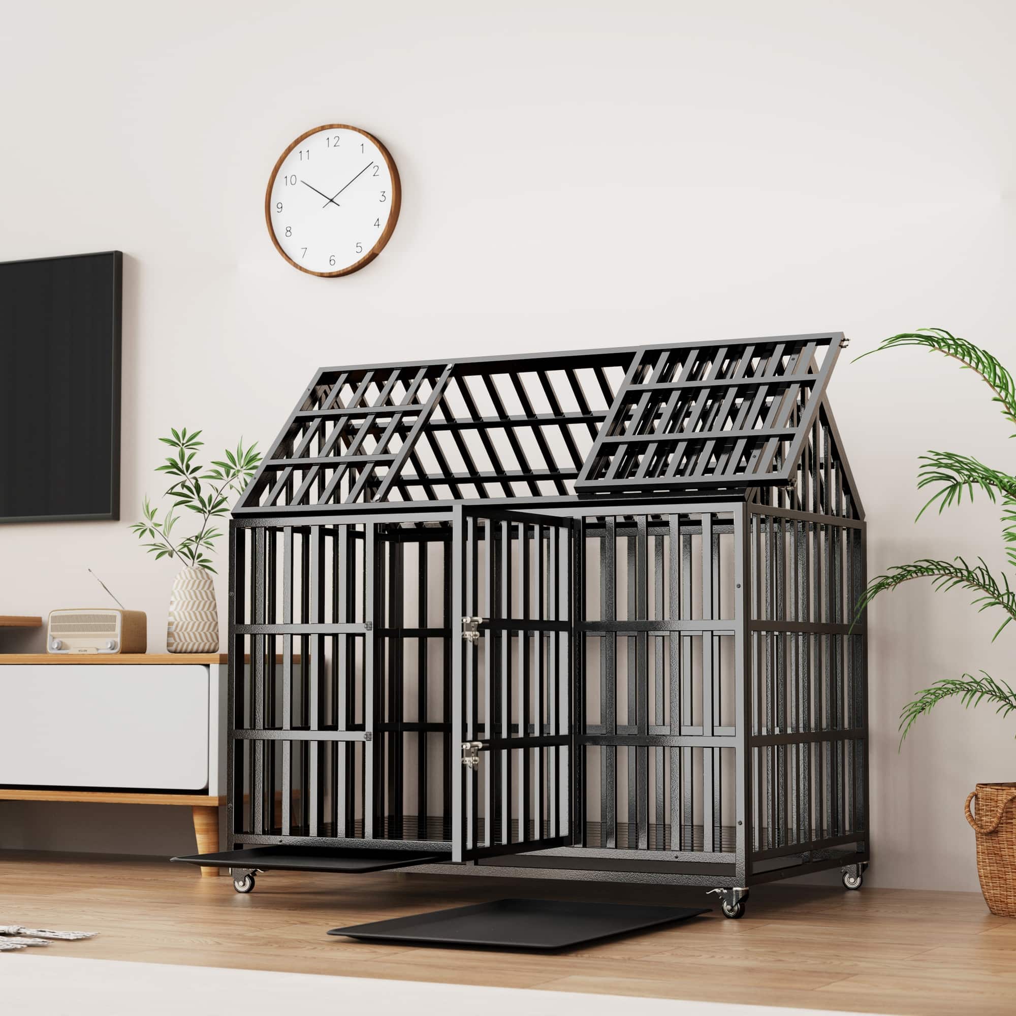 Boyel Living - 55-Inch Heavy-Duty Dog Crate with Double Doors and Locking Casters - Black