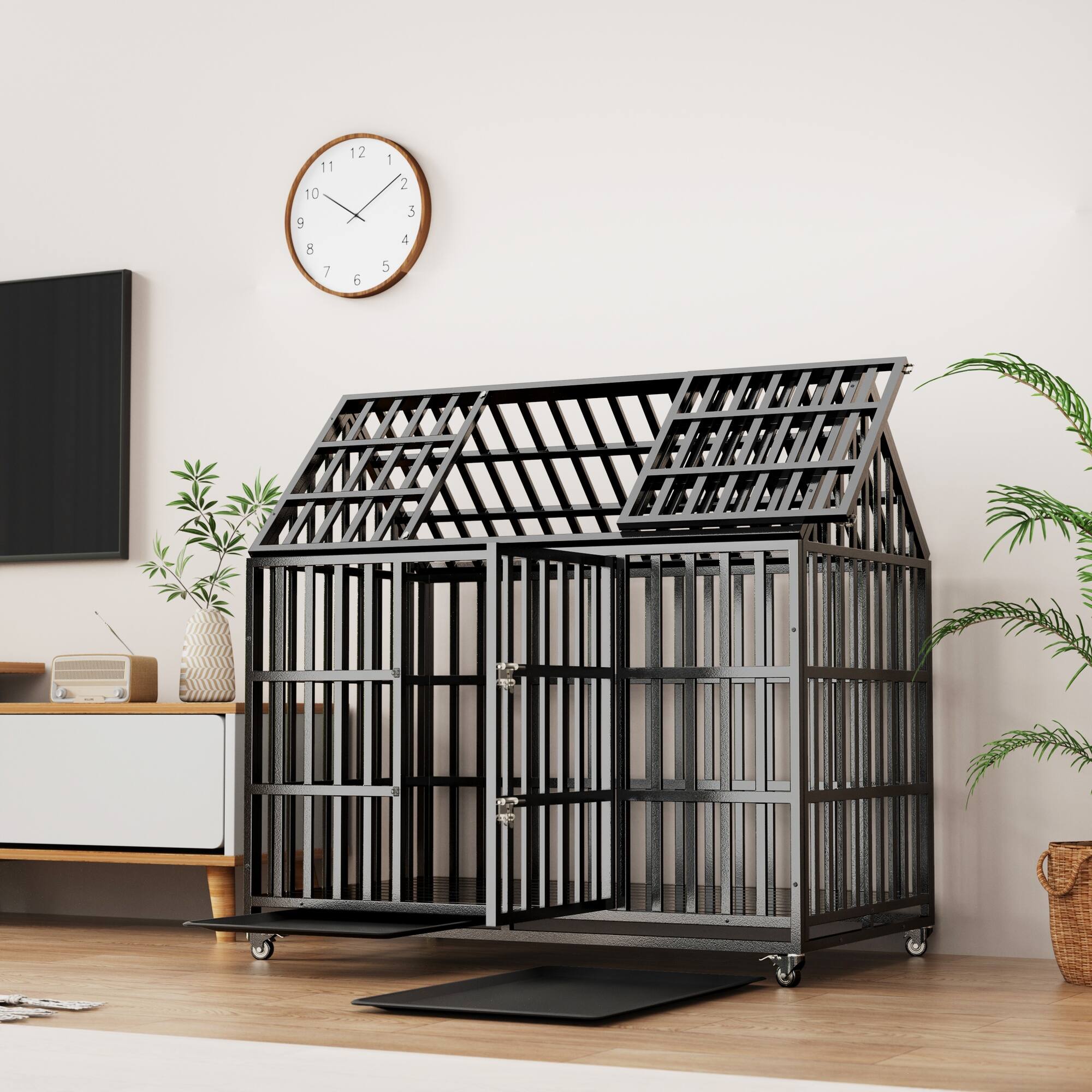 Front. Boyel Living - 55-Inch Heavy-Duty Dog Crate with Double Doors and Locking Casters - Black.