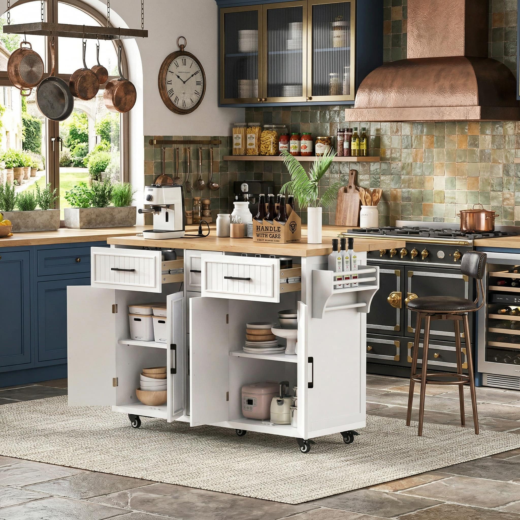 Forest'nSky - 56.5" Rolling Kitchen Island with Drop Leaf, Power Outlet, Embossed Vertical Stripe, 4 Doors - White