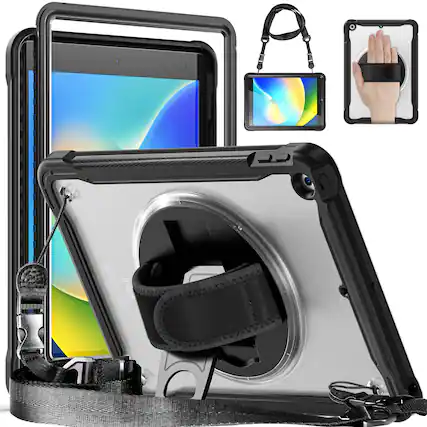 Front. UUCOVER - Built-in Screen Protector Case for iPad 9th 8th 7th Gen 10.2 inch,Shockproof TPU+PC Case Stand Cover+Shoulder Strap - Black/Clear.