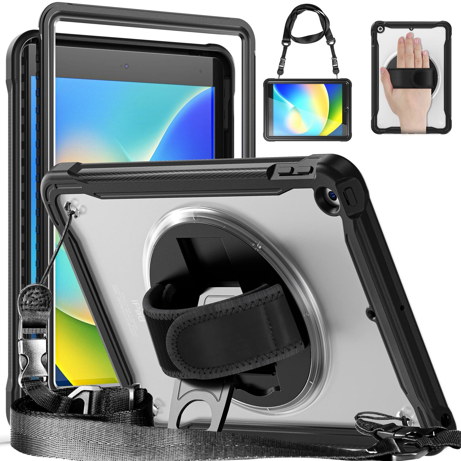Front. UUCOVER - Built-in Screen Protector Case for iPad 9th 8th 7th Gen 10.2 inch,Shockproof TPU+PC Case Stand Cover+Shoulder Strap - Black/Clear.