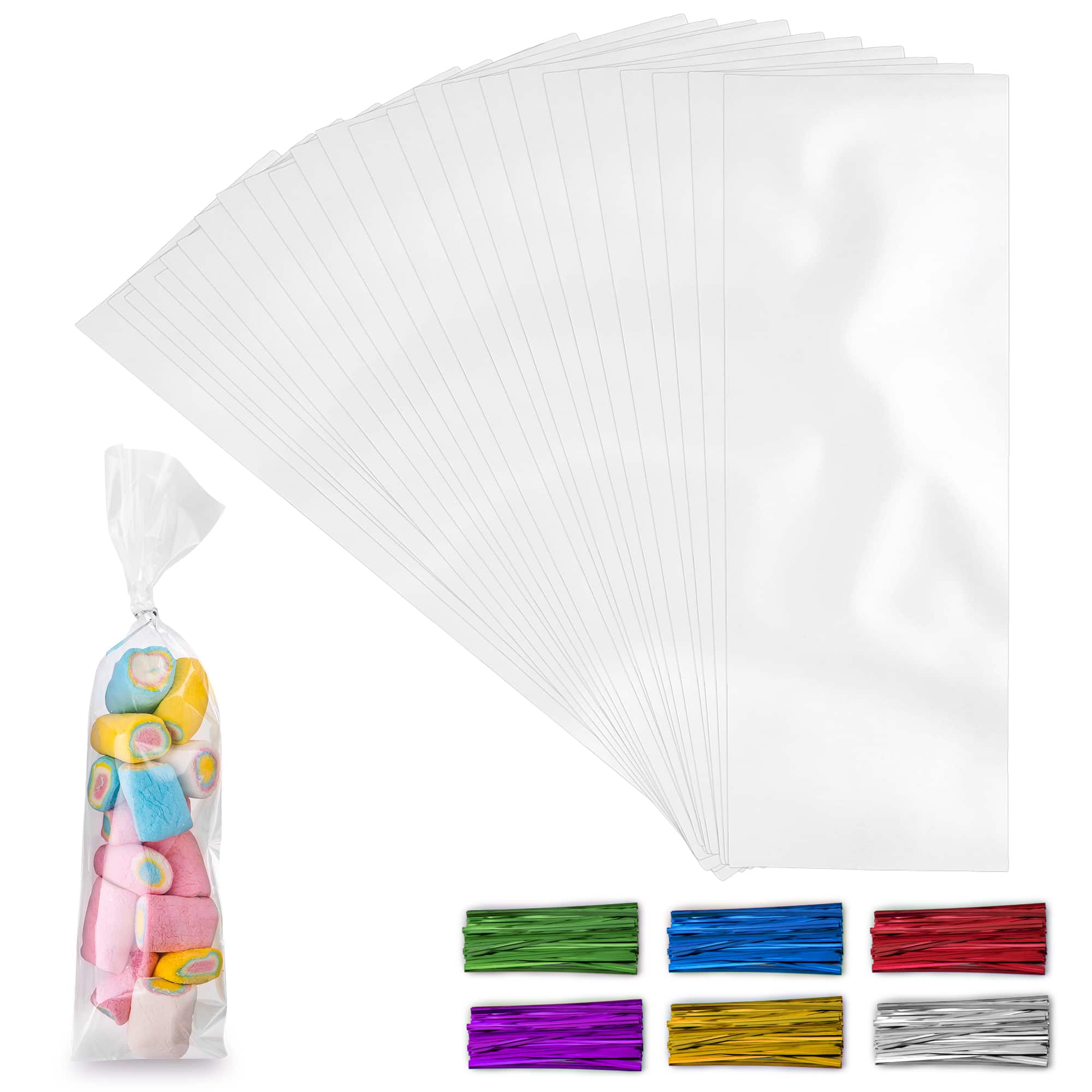 Zulay Kitchen - Simple Craft 200 Pack Candy Treat Cellophane bags - 3x11 Inches Thick Plastic Candy Bags With Ties For Goodie Bags - Clear