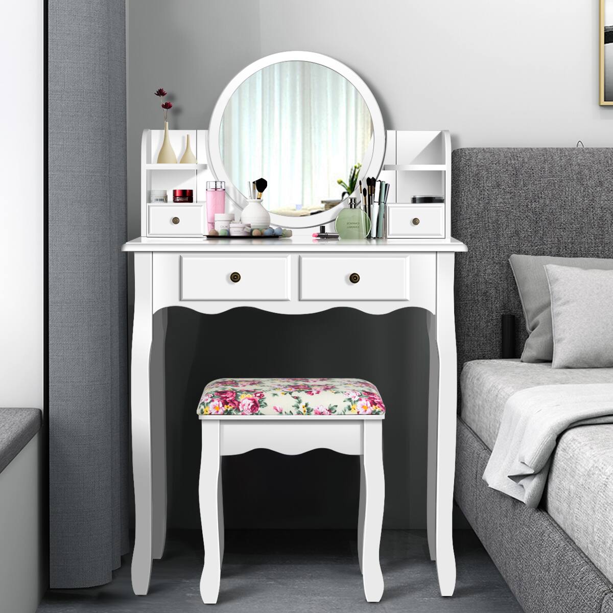 Alt View 1. Costway - Costway Makeup Vanity Table Drawers Oval Dressing Table Kids Gift - White.
