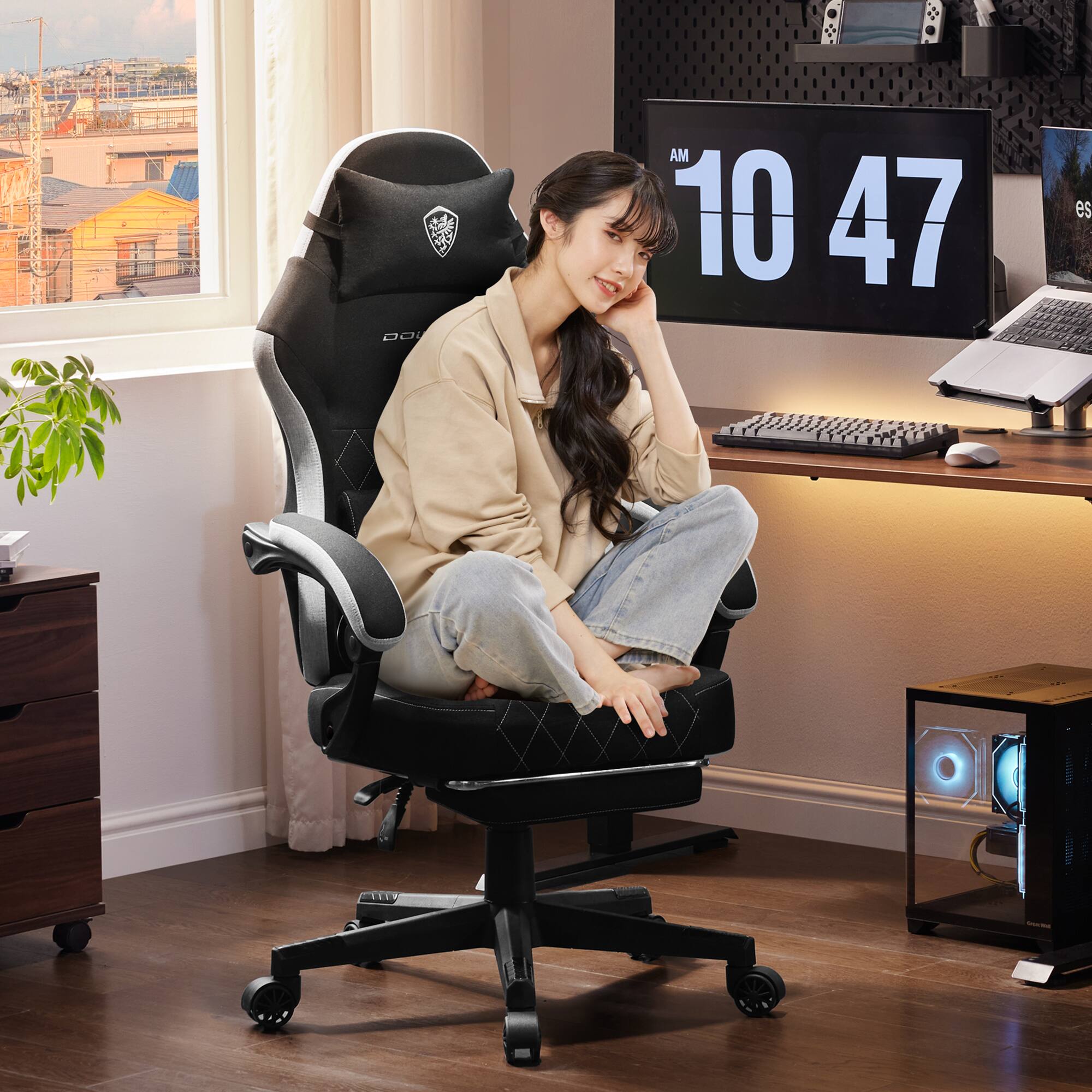 Alt View 5. Dowinx - Fabric Gaming Chair, Ergonomic Computer Chair with Footrest and Pocket Spring Cushion, Height Adjustable - Black.
