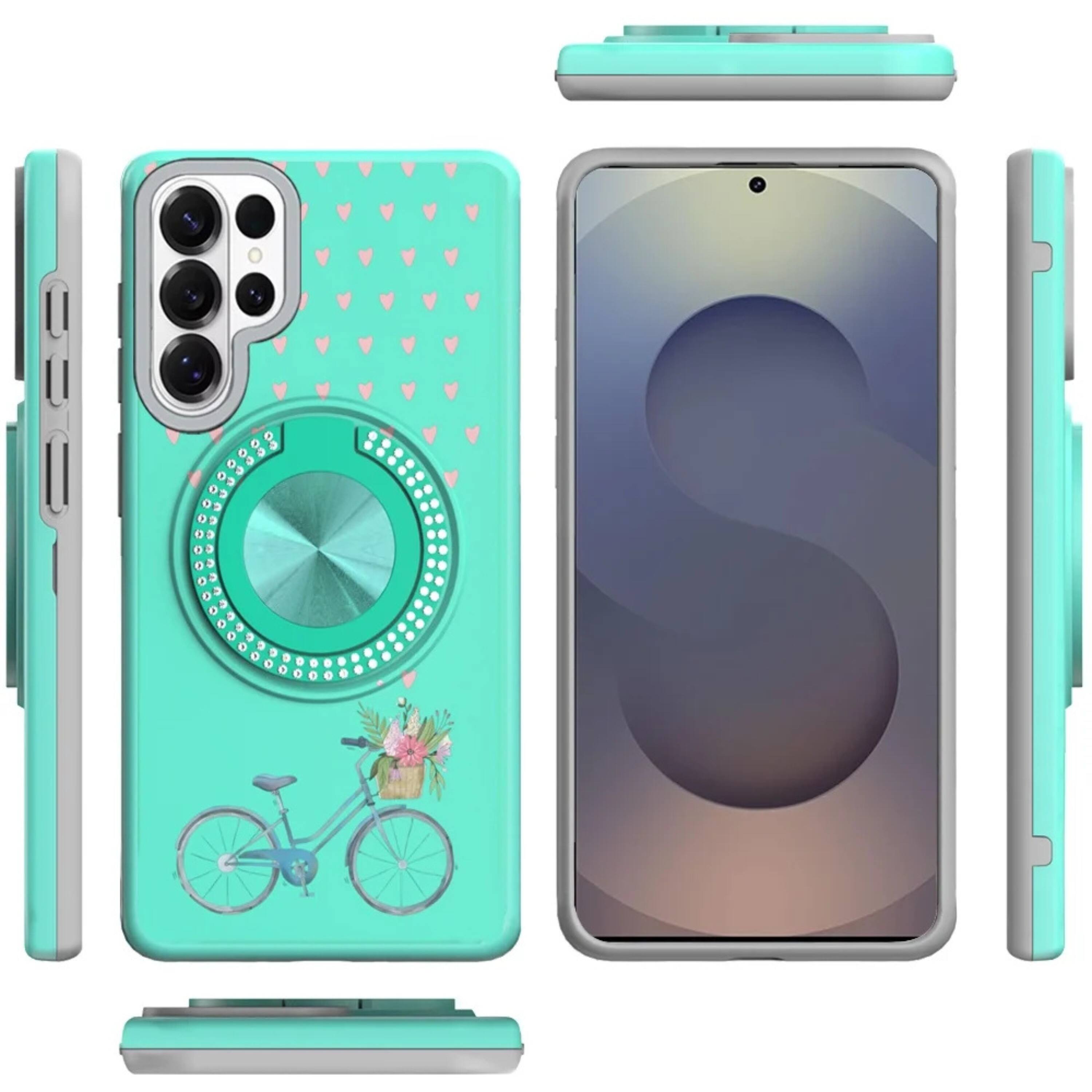 Angle. Kitcheniva - Stylish Bling Ring Stand Protective Case With Tempered Glass For Samsung S26 Ultra Teal Bicycle - Teal.