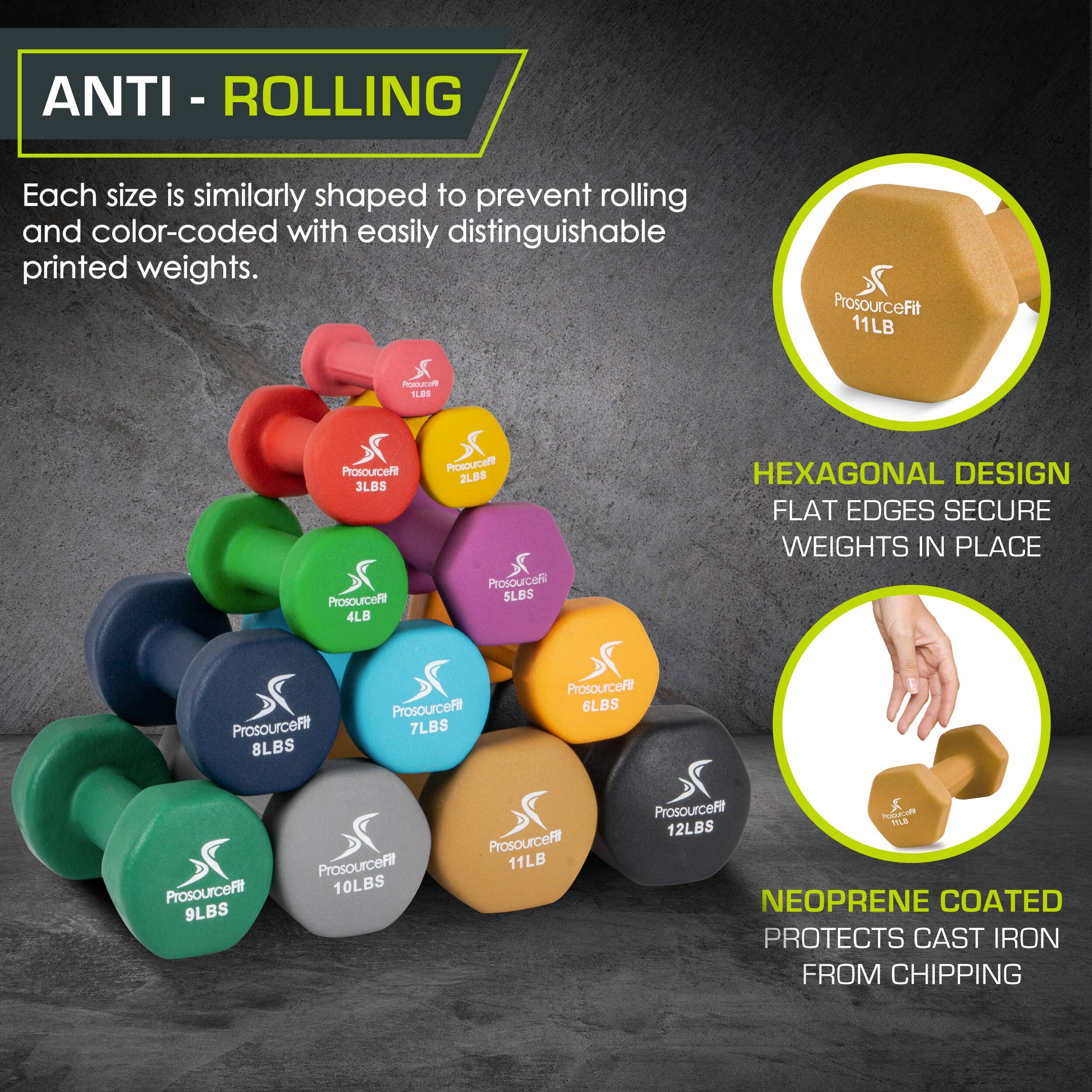 ANTI - ROLLING Each size is similarly shaped to prevent rolling and color-coded with easily distinguishable printed weights.  ProsourceFit 11LB  ProsourceFit 2LBS  ProsourceFit 3LBS  ProsourceFit 4LB  ProsourceFit 5LBS  ProsourceFit 6LBS  ProsourceFit 7LBS  ProsourceFit 8LBS  ProsourceFit 9LBS  ProsourceFit 10LBS  ProsourceFit 11LB  ProsourceFit 12LBS  HEXAGONAL DESIGN FLAT EDGES SECURE WEIGHTS IN PLACE  NEOPRENE COATED PROTECTS CAST IRON FROM CHIPPING