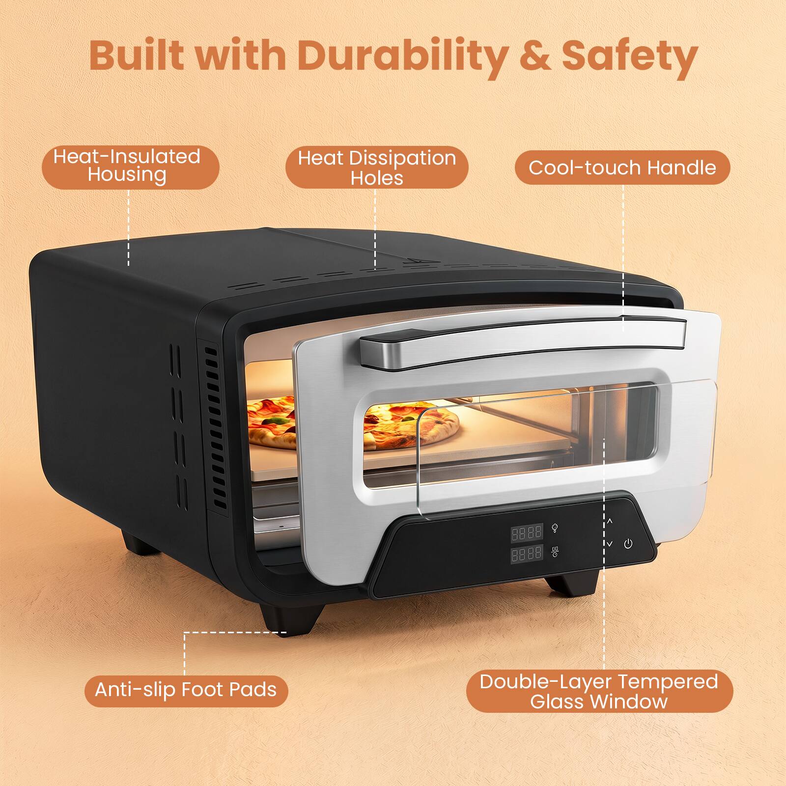 Built with Durability & Safety

- Heat-Insulated Housing
- Heat Dissipation Holes
- Cool-touch Handle
- Anti-slip Foot Pads
- Double-Layer Tempered Glass Window