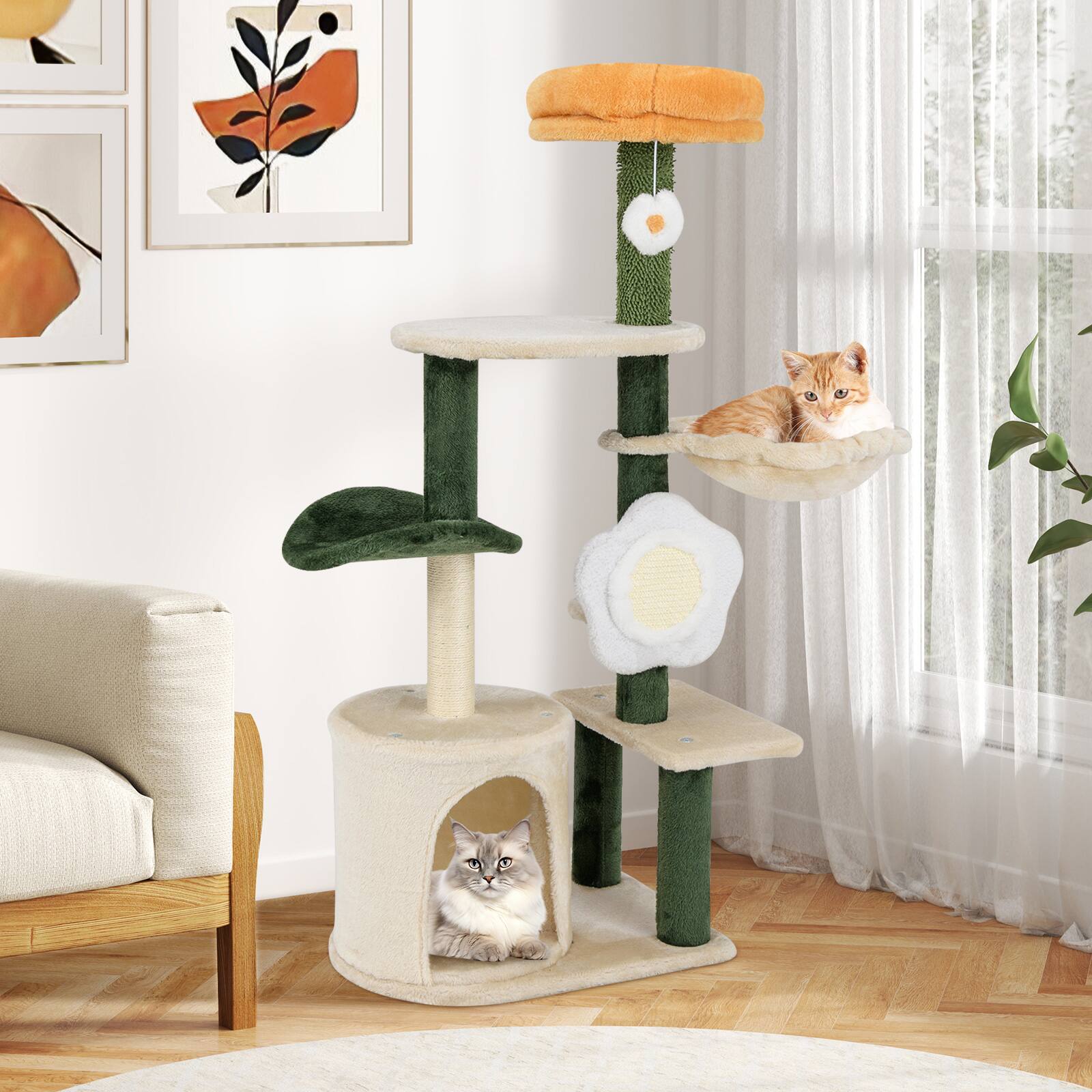 Alt View 3. Costway - Costway 45" Tall Cute Flower Cat Tree Modern Tower w/ Plush Top Perch Pet Furniture Activity Center - Green,Beige.