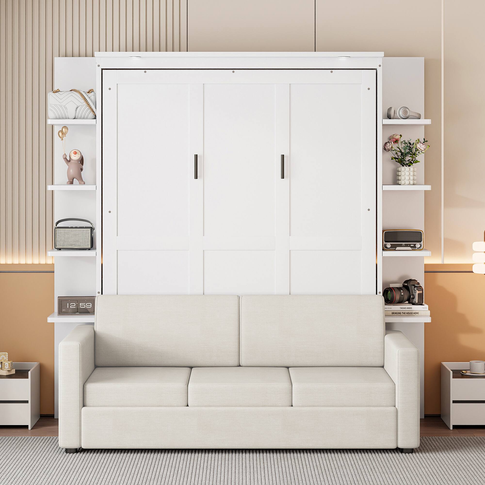 Angle. Tiramisubest - Queen Size Murphy Wall Bed with Sofa, White, 87" L x 90" W x 88" H, 332 lbs, Space-Saving - White.