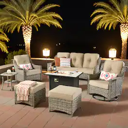 Ovios - 7 PCS Patio Furniture Set 3 Seat Sofa with Swivel Chair Side Table & 42" Fire Pit Table - Beige