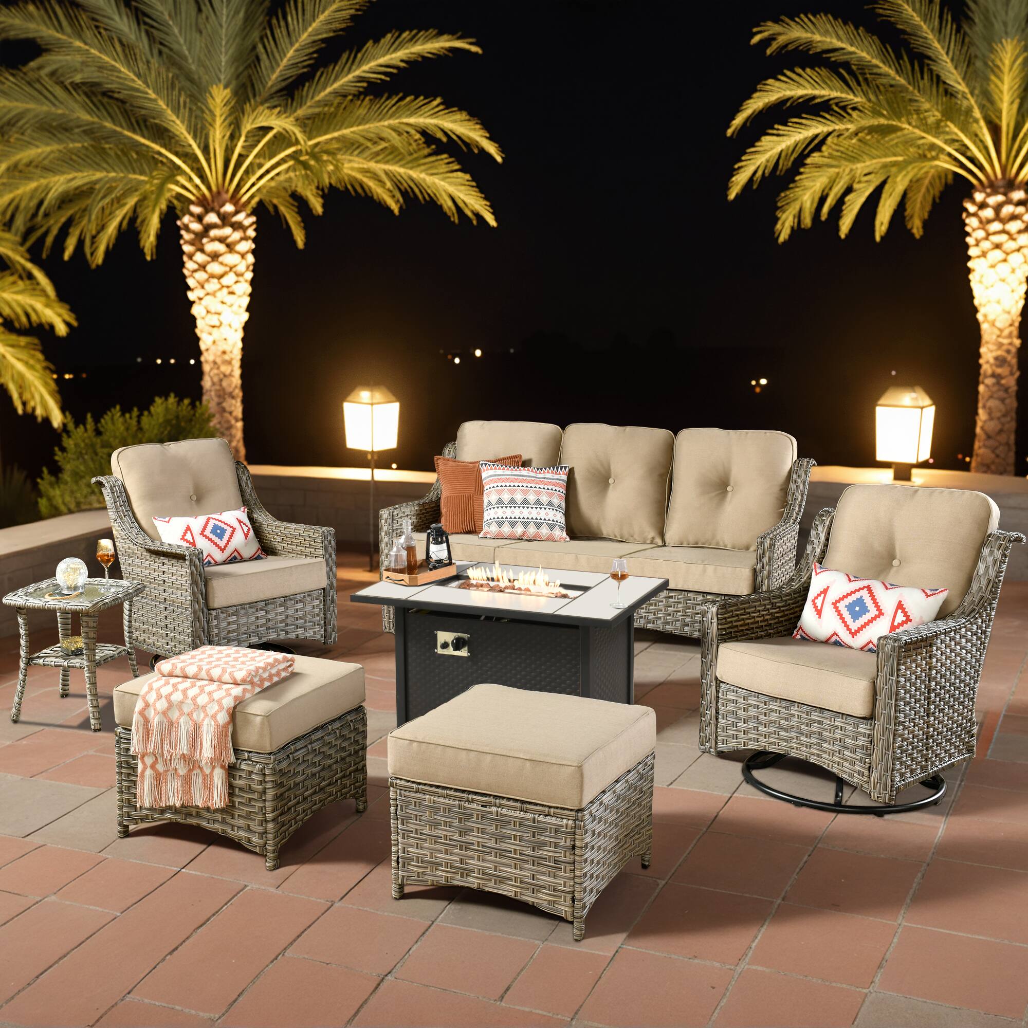 Front. Ovios - 7 PCS Patio Furniture Set 3 Seat Sofa with Swivel Chair Side Table & 42" Fire Pit Table - Beige.