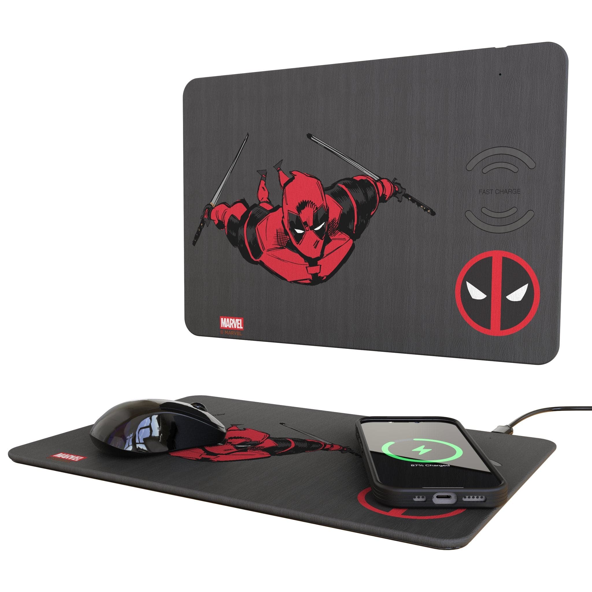 Keyscaper - Marvel Badge 15-Watt Wireless Charger and Mouse Pad - Deadpool 1