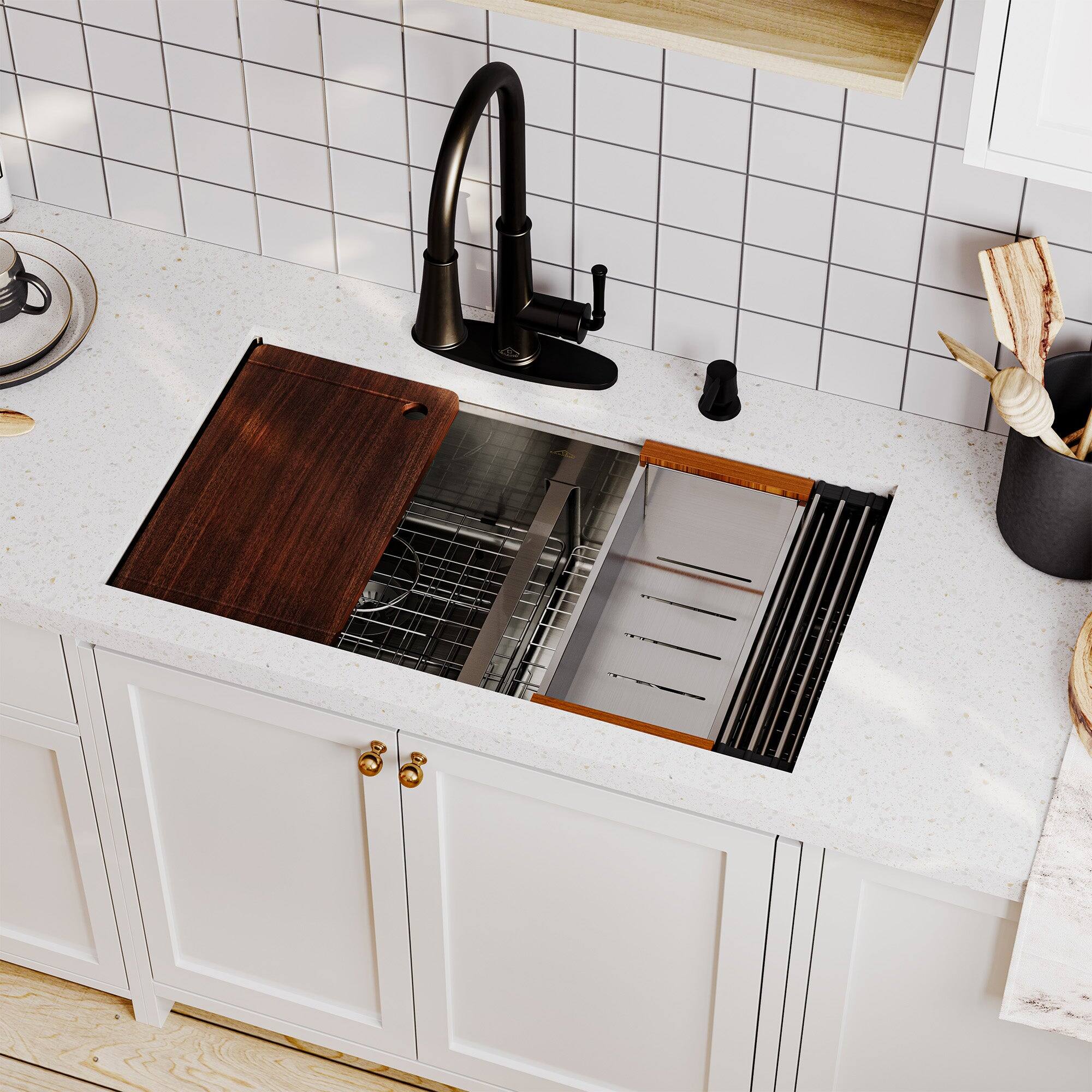 Alt View 2. Boyel Living - 33 in. Undermount Double Bowl 18-Gauge Brushed Stainless Steel Kitchen Sink with Cutting Board and Accessories - Silver.