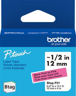 Brother - P-touch Btag Black on Pink Label Tape (BTAGP31), 1/2" x 13.1’ (12mm x 4m), Only for use with PT-N10, PT-N20, PT-N25BT