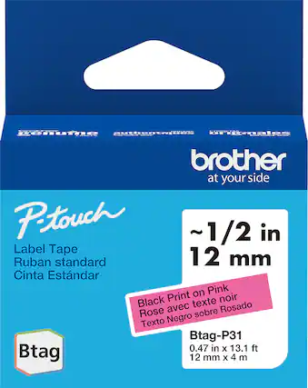 - **Brand:** Brother
- **Product Line:** P-touch
- **Label Tape**
- **Size:** ~1/2 in (12 mm)
- **Color:** Black Print on Pink
- **Language Options:**
- Ruban standard
- Cinta Estándar
- Rose avec texte noir
- Texto Negro sobre Rosado
- **Model:** Btag-P31
- **Dimensions:** 0.47 in x 13.1 ft (12 mm x 4 m)
- **Tagline:** at your side