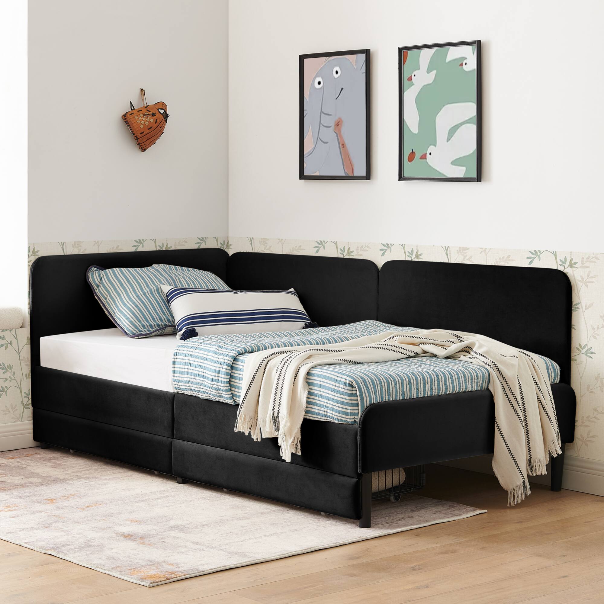 Alt View 2. GOODSILO - Twin Size Upholstered Platform Sofa Bed Frame with Dual Storage Drawers for Space Saving Solutions - Black.