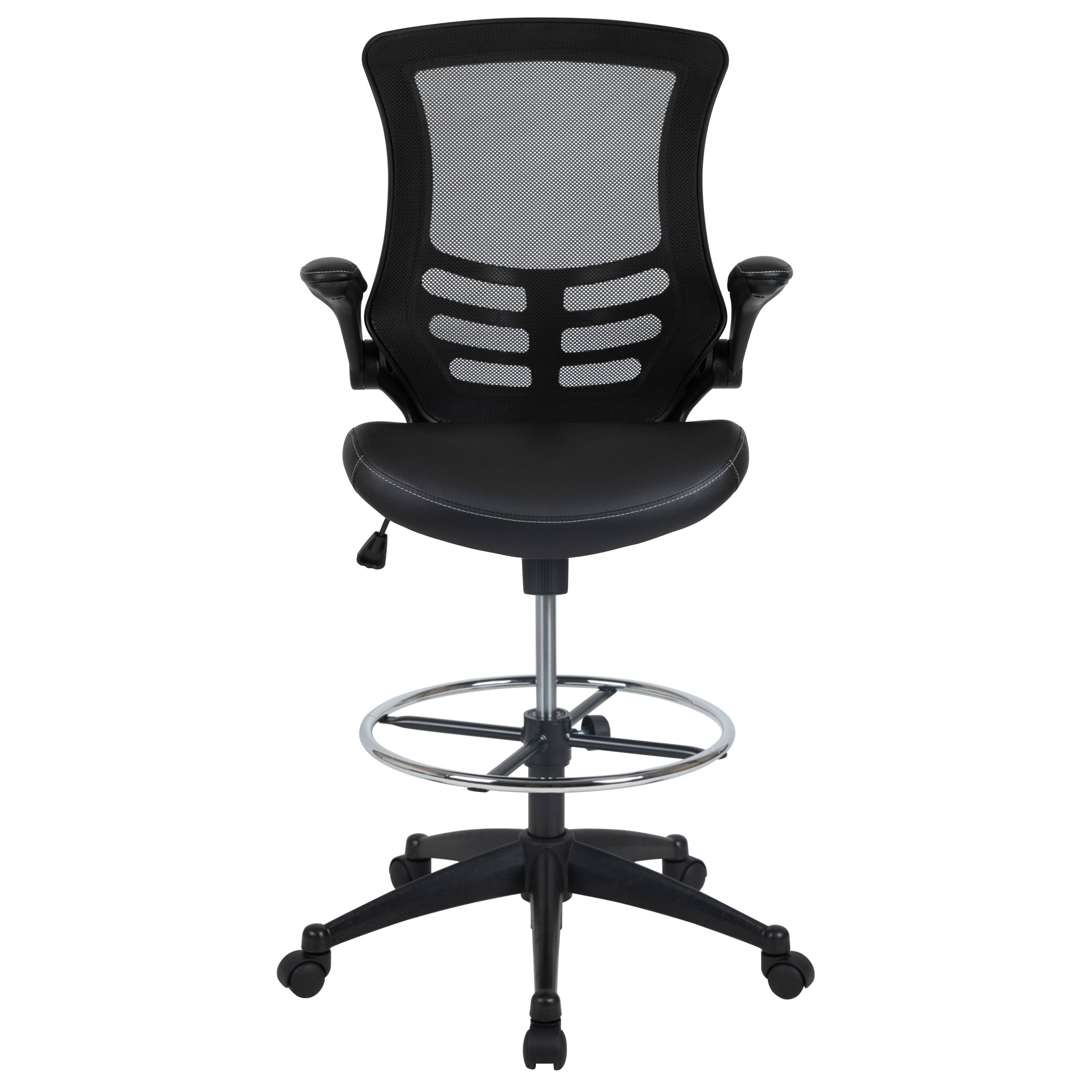 Alt View 7. Emma + Oliver - Mid-Back Mesh Ergonomic Drafting Chair with Foot Ring and Flip-Up Arms - Black Mesh & LeatherSoft/Black Frame.