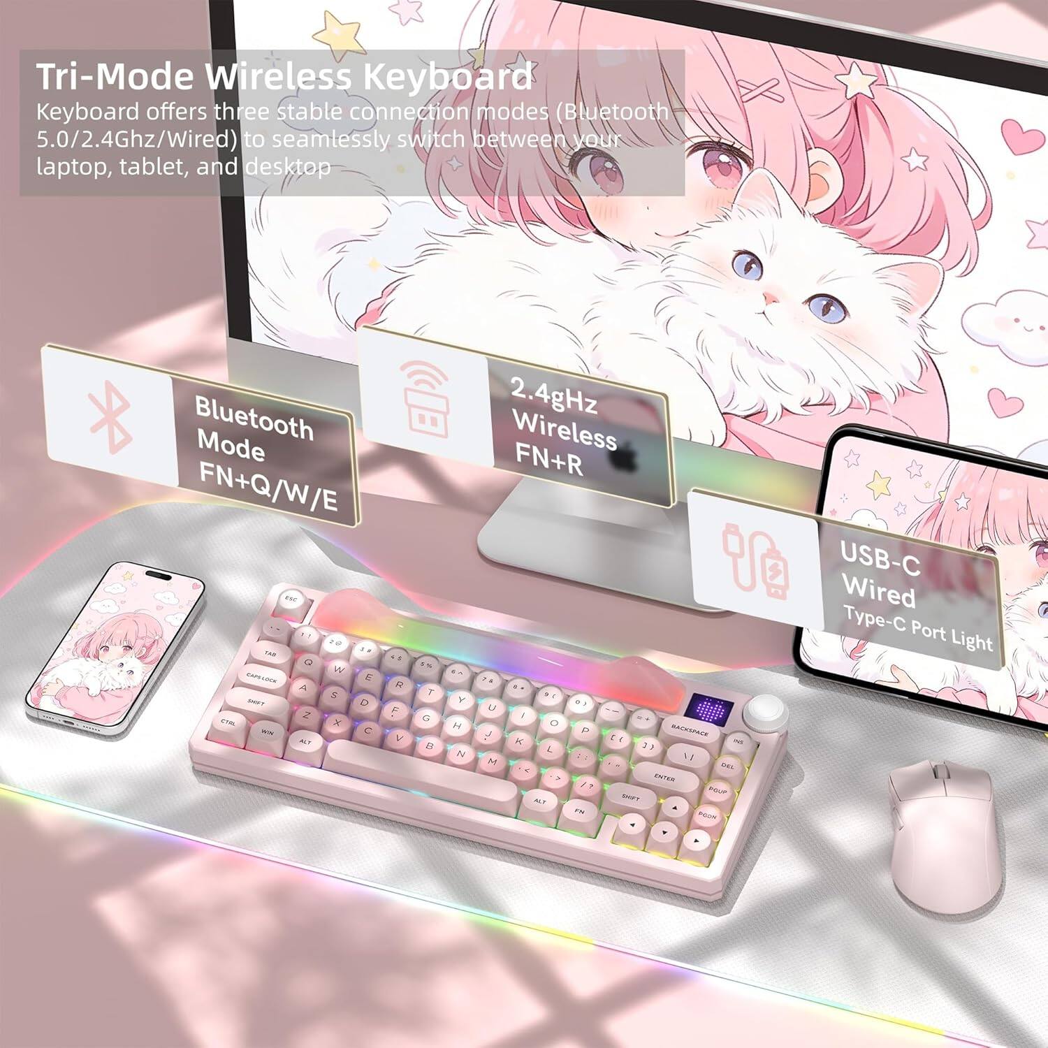 Tri-Mode Wireless Keyboard offers three stable connection modes (Bluetooth 5.0/2.4Ghz/Wired) to seamlessly switch between your laptop, tablet, and desktop

Bluetooth Mode: FN+Q/W/E

2.4GHz Wireless Mode: FN+R

USB-C Wired Type-C Port Light