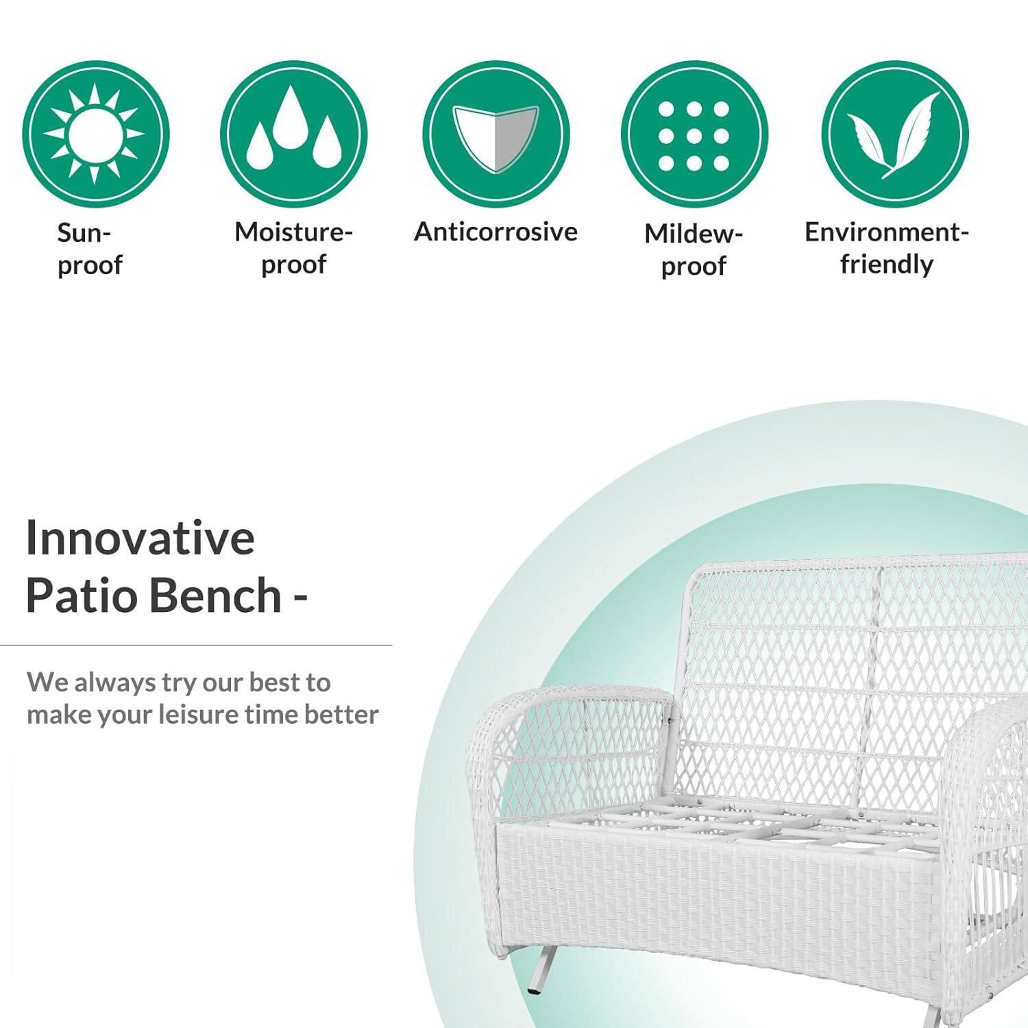 Sun-proof  
Moisture-proof  
Anticorrosive  
Mildew-proof  
Environment-friendly  

Innovative Patio Bench -  

We always try our best to make your leisure time better
