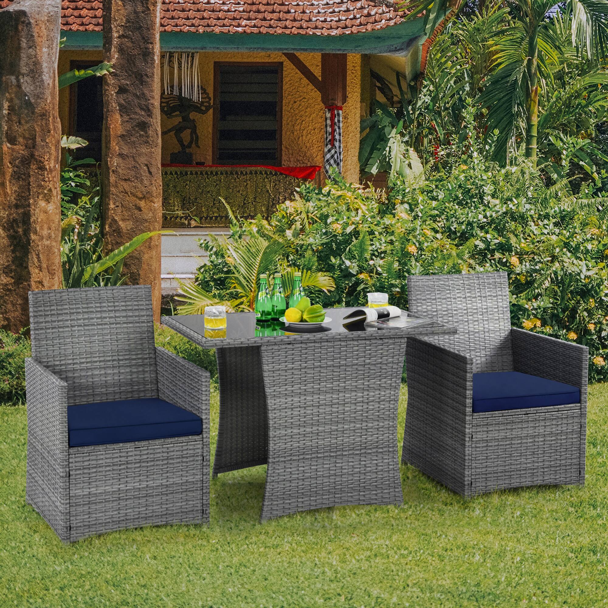 Alt View 9. Gymax - Gymax 3PCS Outdoor Rattan Conversation Set Patio Dining Table Set w/ Navy Cushions - Navy.