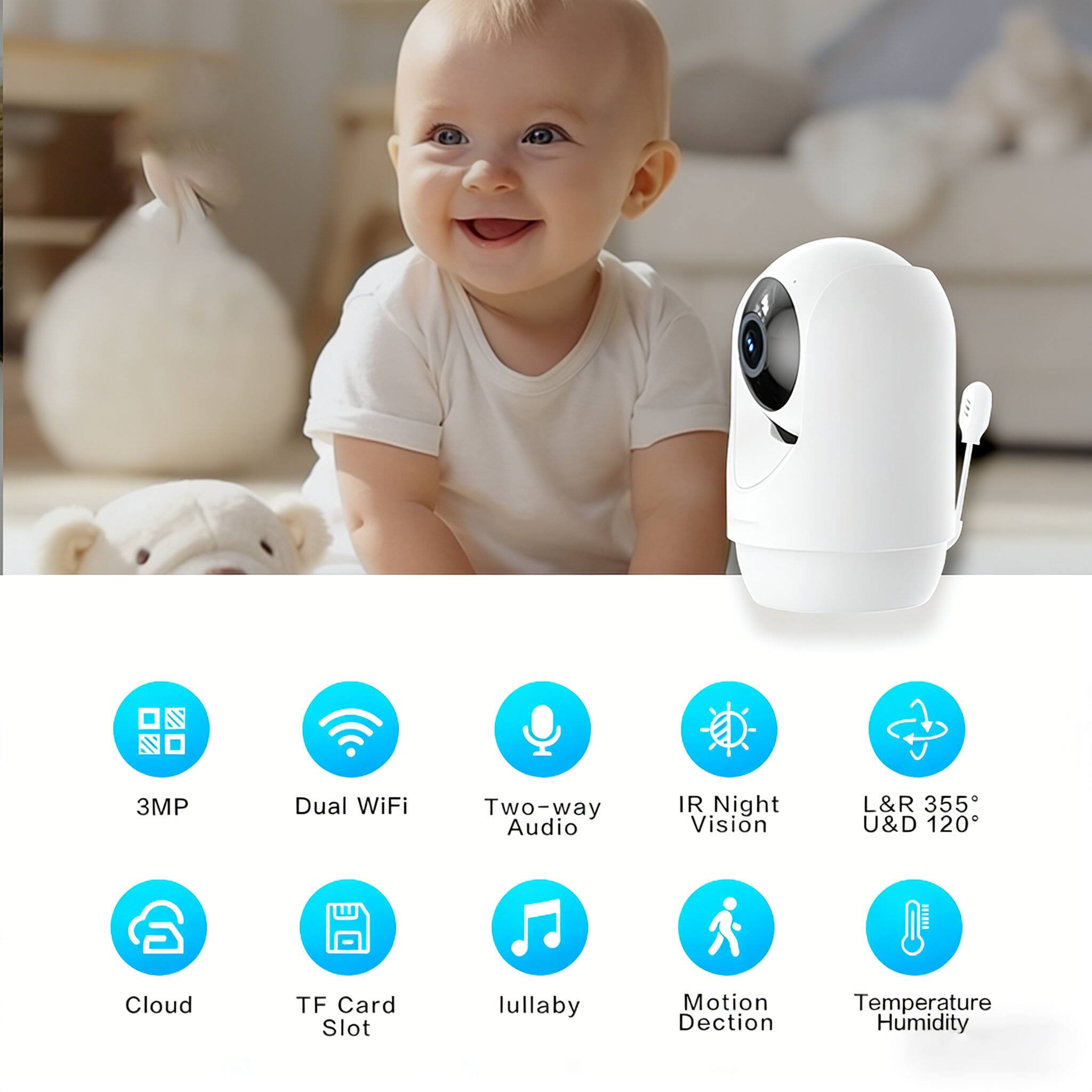 3MP Dual WiFi Two-way Audio IR Night Vision L&R 355° U&D 120° Cloud TF Card Slot Lullaby Motion Detection Temperature Humidity