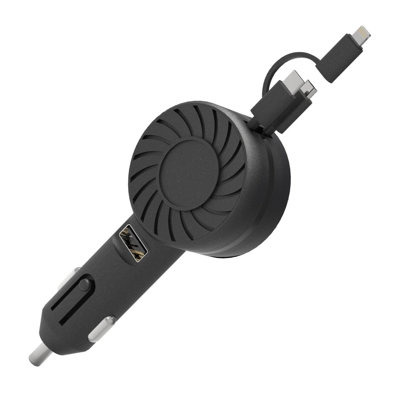 Angle. Home Collection - 3-in-1 Retractable Car Charger 21W Fast Charging Adapter Black - Black.